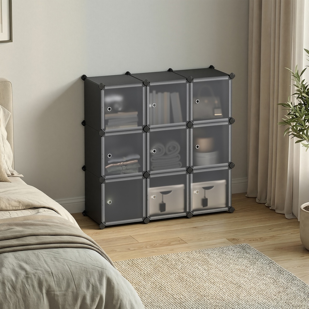 SONGMICS 9-kubers DIY-hyllsystem, klädskåp i plast med dörrar i trendigt vitt, stabilt och enkelt att montera, ihopsättningshylla - Bild 5