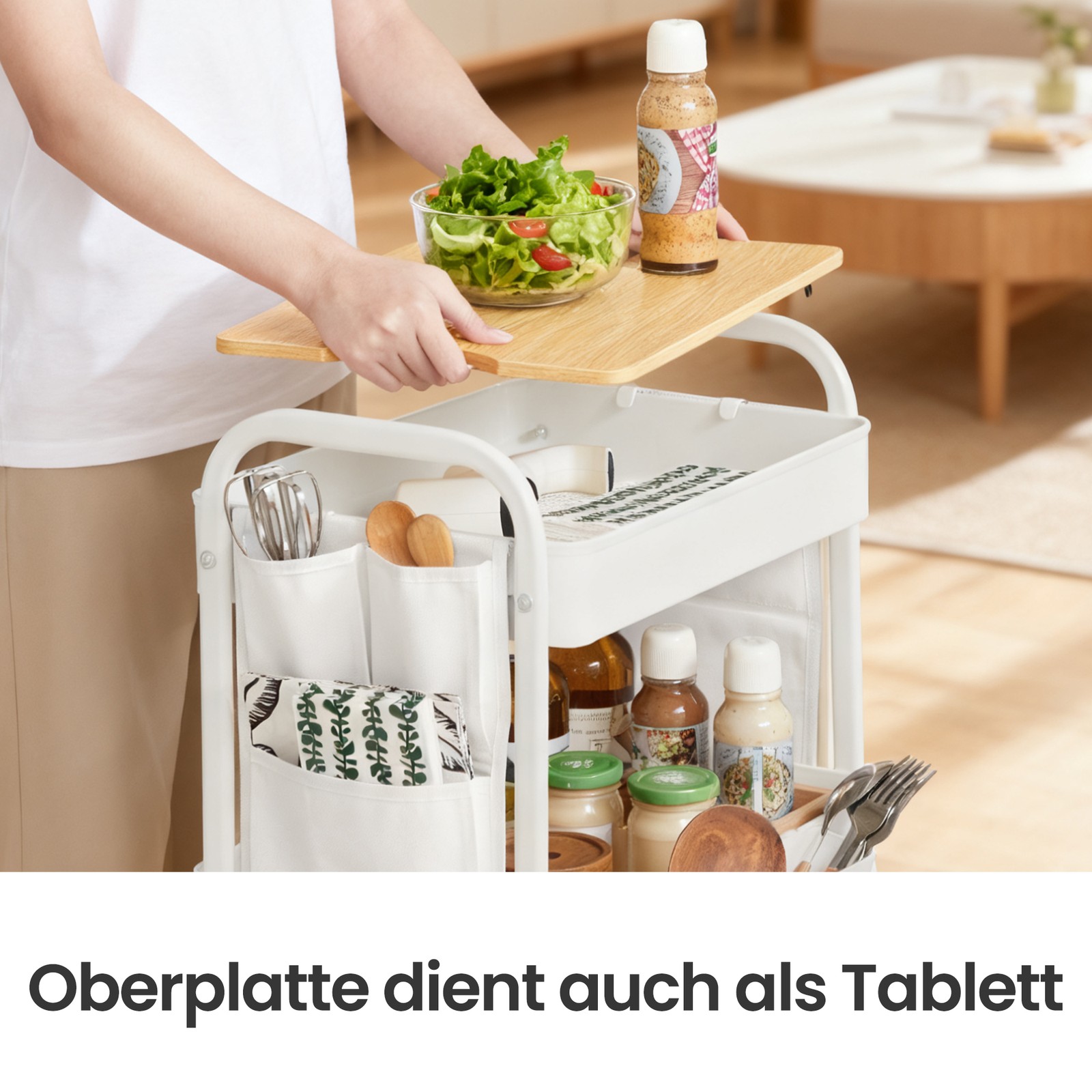 SONGMICS tralle, kjøkkentral, 3 metallgitterhyller, serveringsvogn, 2 avtakbare hengende beholdere, 2 oppbevaringsbokser, for kontor, kjøkken, stue, bad, blekksvart - Bilde 6