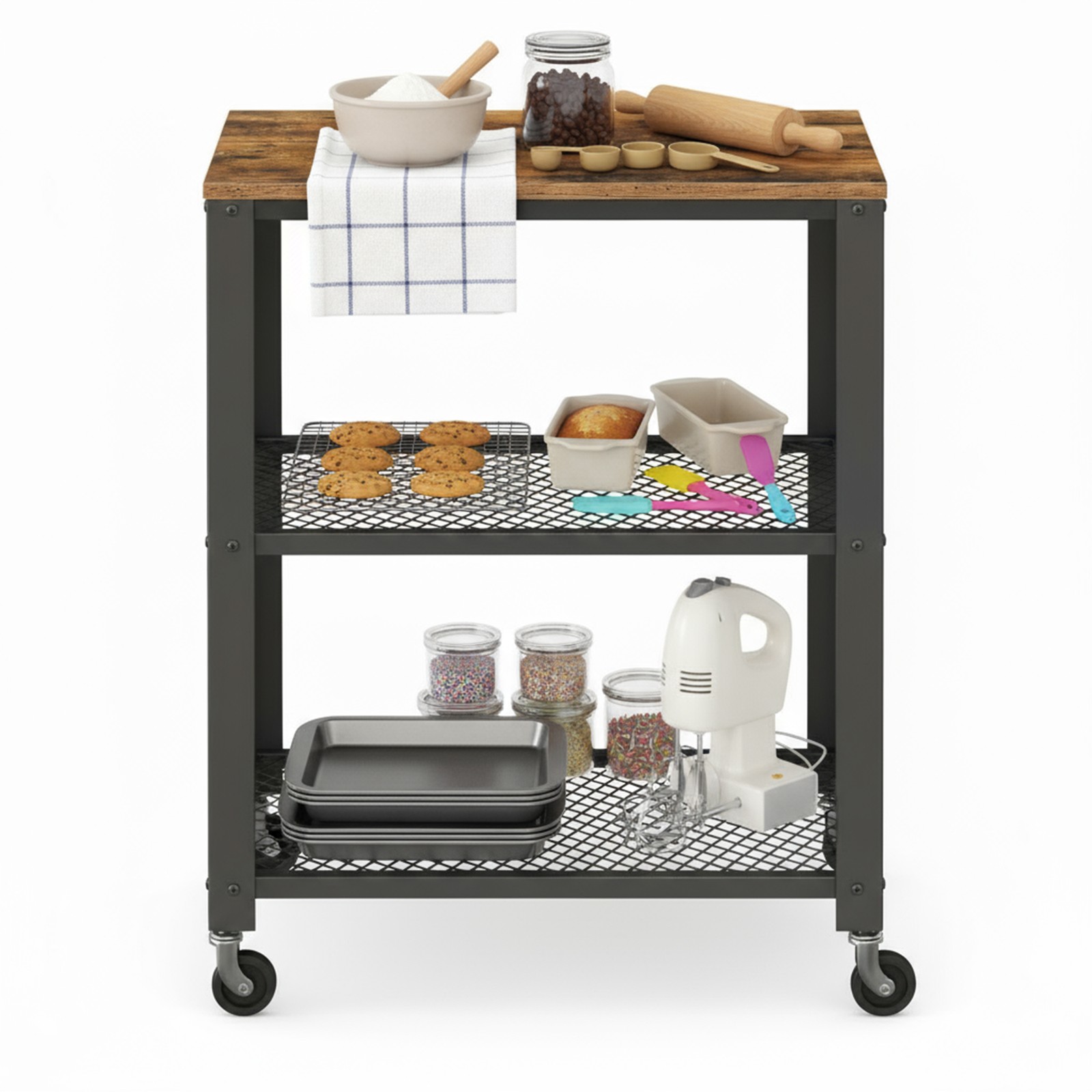VASAGLE Serving Cart, Kitchen Cart, Rolling Cart, Kitchen Shelf on 4 Casters, Steel Frame, 3 Shelves, for Kitchen and Living Room, Industrial Design, Vintage Brown-Black - Image 2