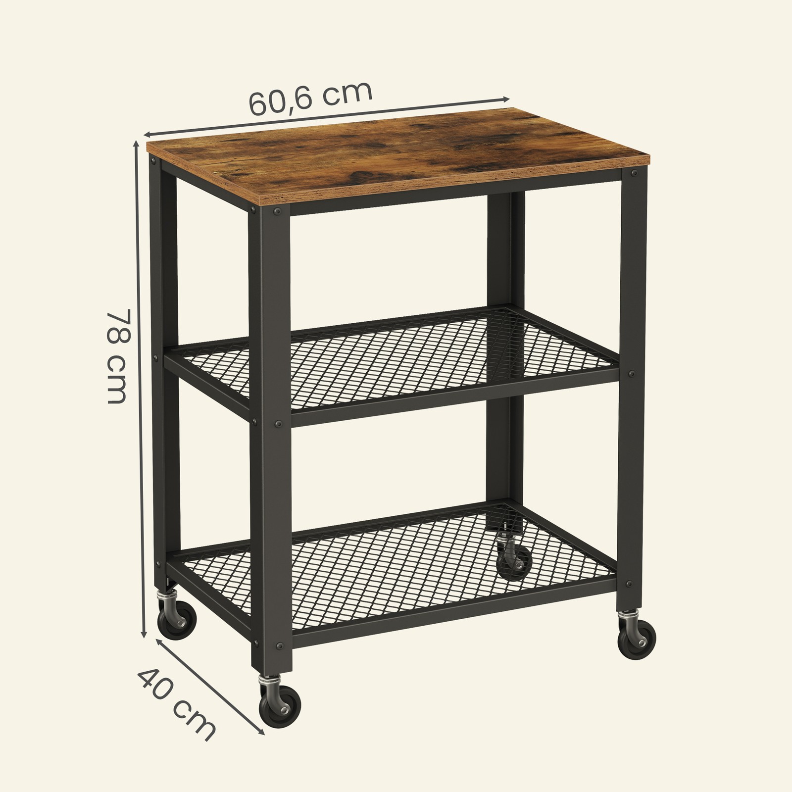 VASAGLE Serving Cart, Kitchen Cart, Rolling Cart, Kitchen Shelf on 4 Casters, Steel Frame, 3 Shelves, for Kitchen and Living Room, Industrial Design, Vintage Brown-Black - Image 3
