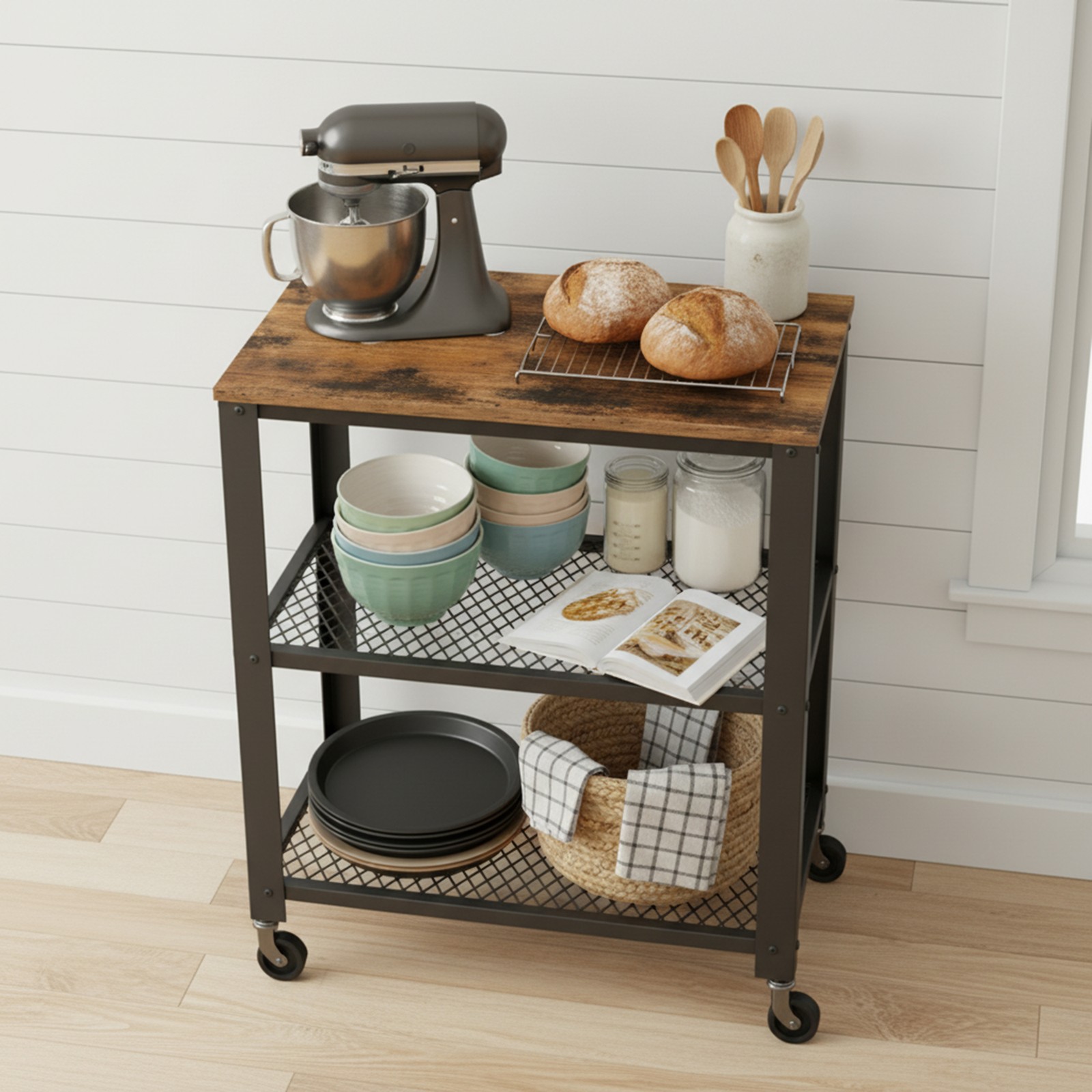 VASAGLE Serving Cart, Kitchen Cart, Rolling Cart, Kitchen Shelf on 4 Casters, Steel Frame, 3 Shelves, for Kitchen and Living Room, Industrial Design, Vintage Brown-Black - Image 4