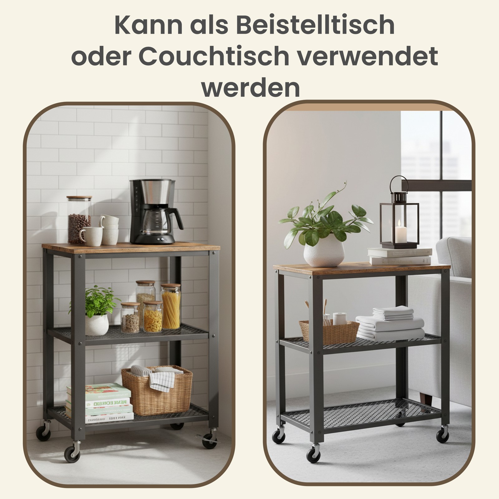 VASAGLE Serving Cart, Kitchen Cart, Rolling Cart, Kitchen Shelf on 4 Casters, Steel Frame, 3 Shelves, for Kitchen and Living Room, Industrial Design, Vintage Brown-Black - Image 7