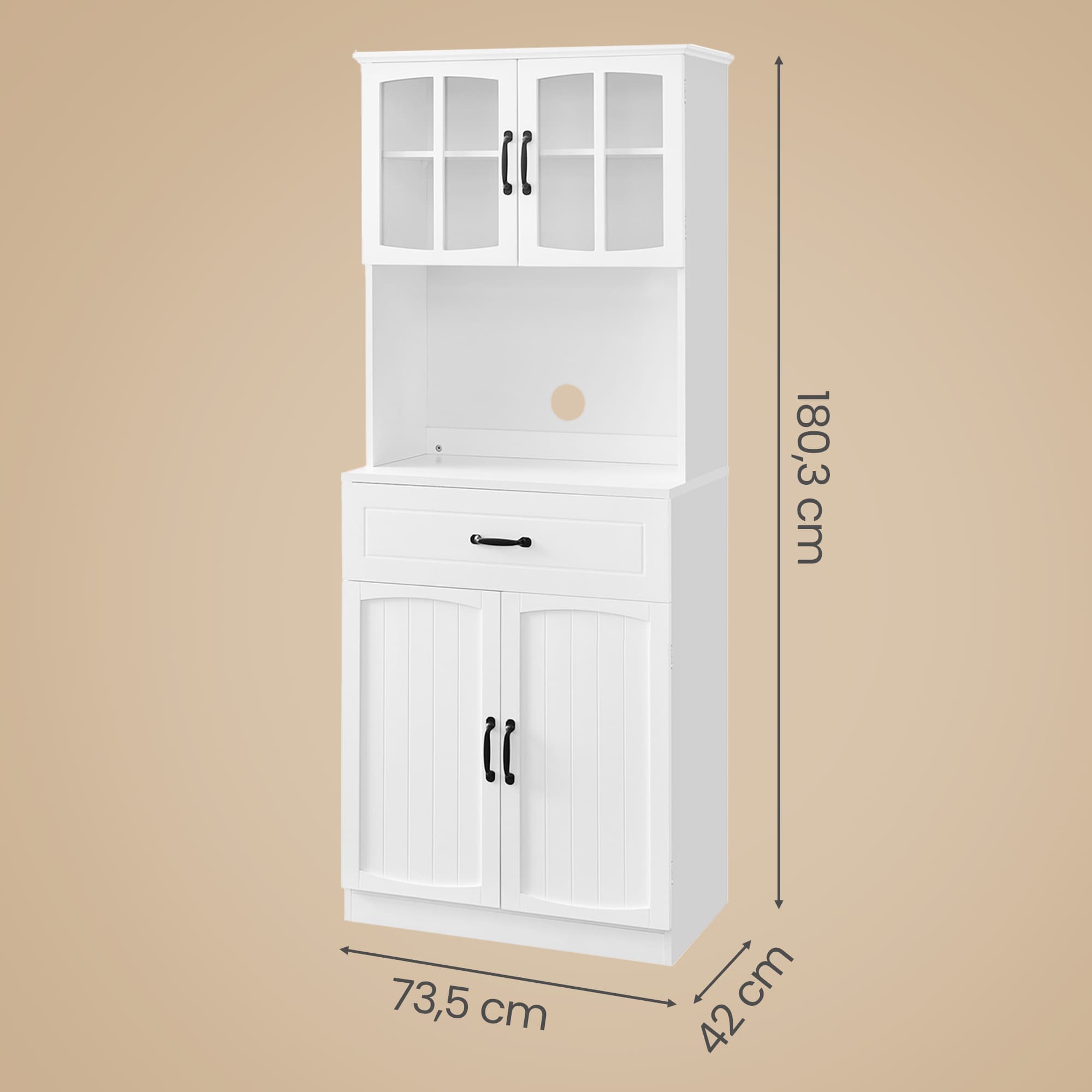 VASAGLE Kitchen Cabinet, Multi-purpose Cabinet, Pantry Cabinet, with Adjustable Shelves, Microwave Safe, Drawer, Glass Doors, Cable Hole, Modern Style, White - Image 3