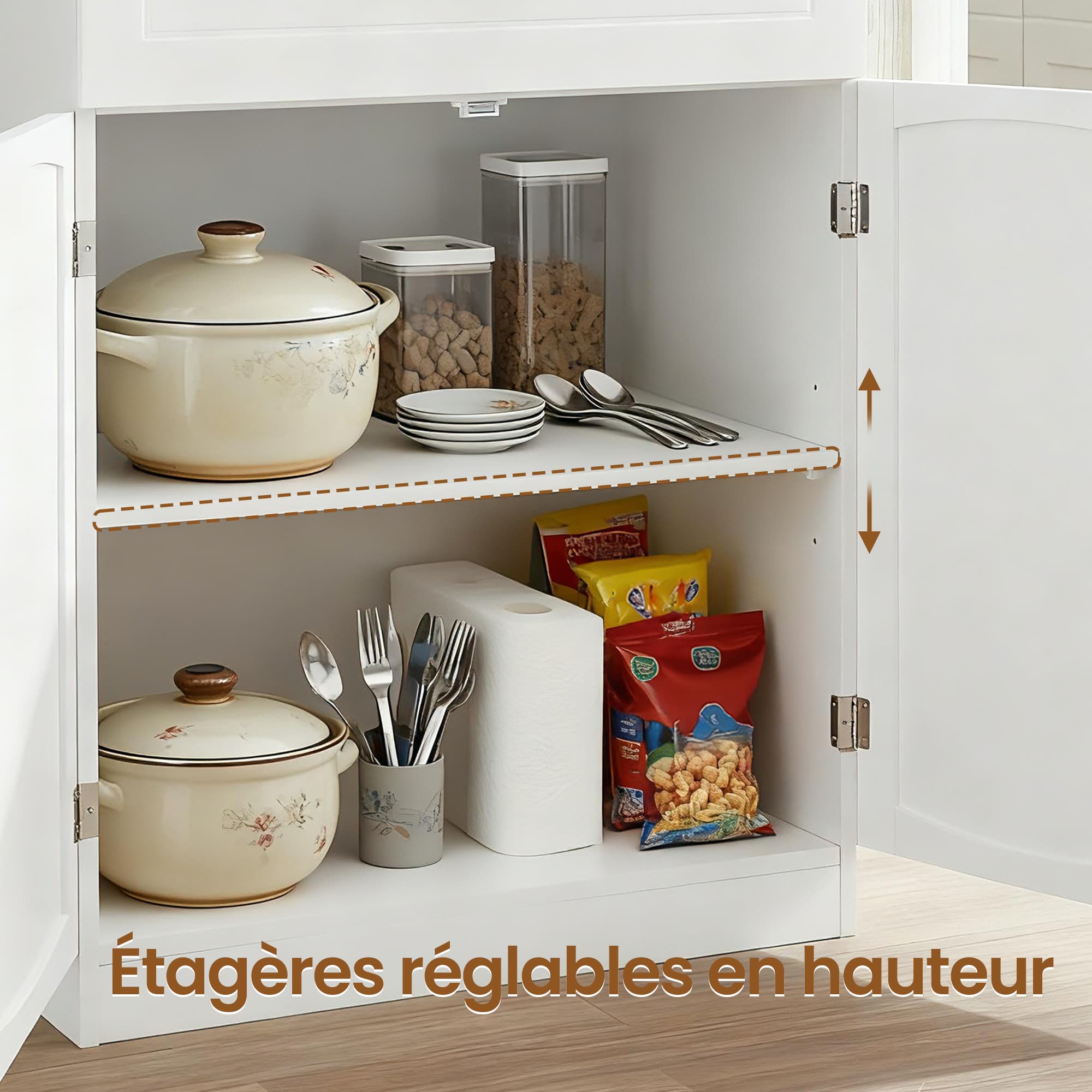 VASAGLE Kitchen Cabinet, Multi-purpose Cabinet, Pantry Cabinet, with Adjustable Shelves, Microwave Safe, Drawer, Glass Doors, Cable Hole, Modern Style, White - Image 6