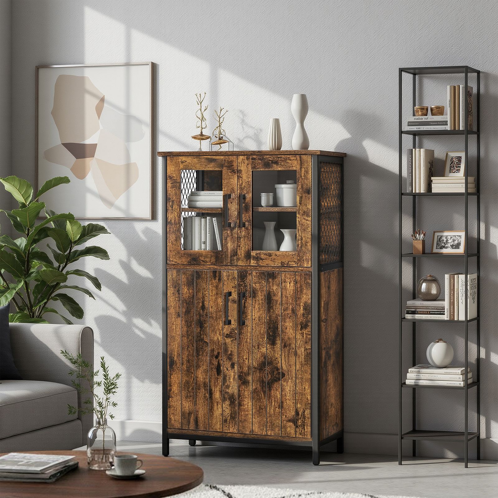 VASAGLE baderomsskap, sideboard, oppbevaringsskap, justerbar hylle, stålramme, til stue, kjøkken, industriell stil, vintagebrun-svart