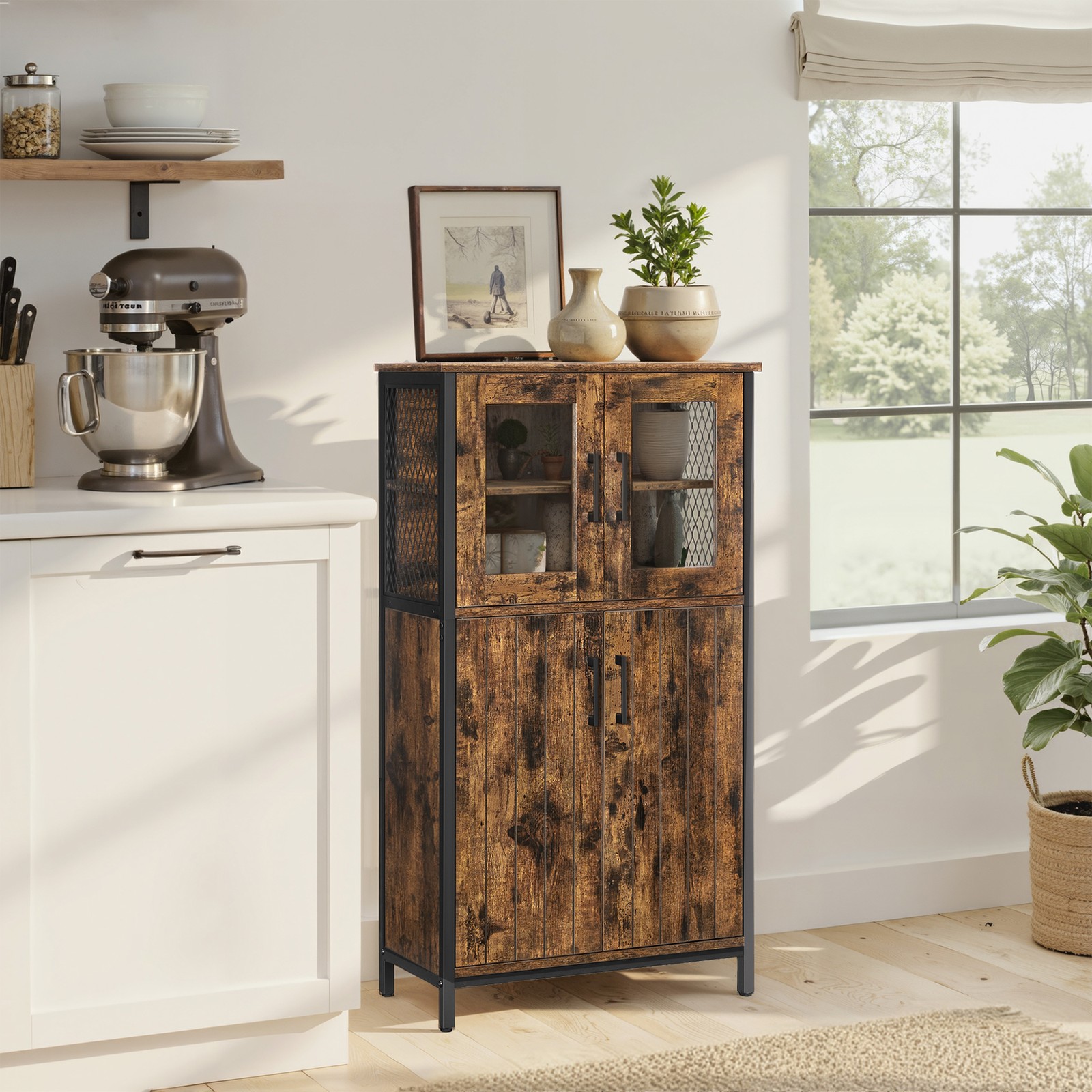 VASAGLE baderomsskap, sideboard, oppbevaringsskap, justerbar hylle, stålramme, til stue, kjøkken, industriell stil, vintagebrun-svart - Bilde 5