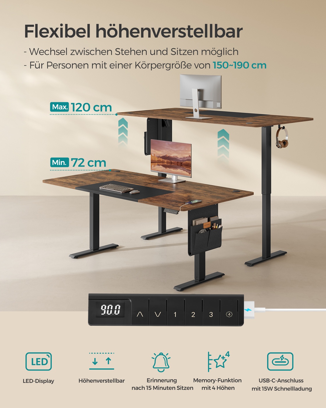 Electric height-adjustable desk 180 x 80 cm - Image 3