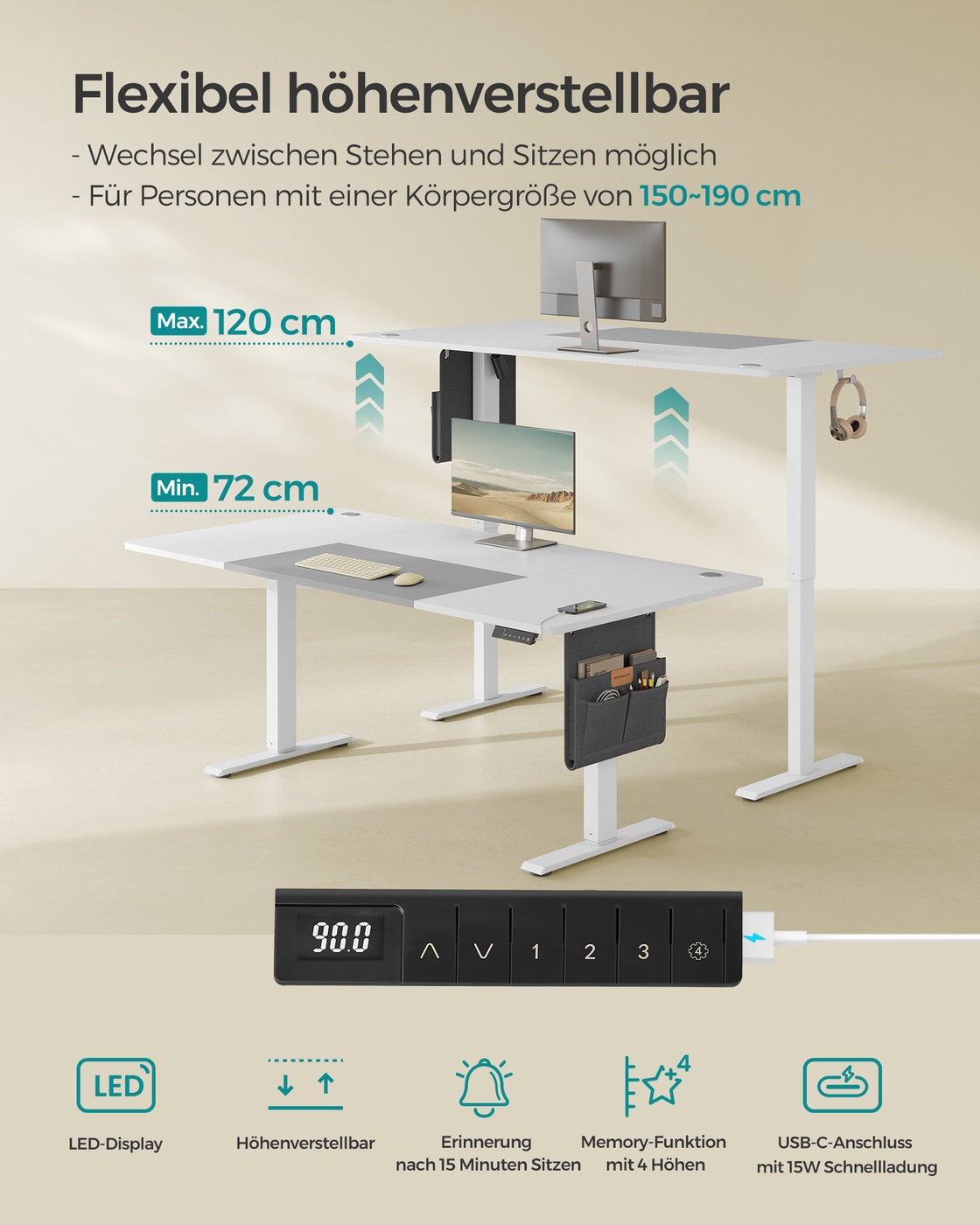 Electric height-adjustable desk 180 x 80 cm - Image 3