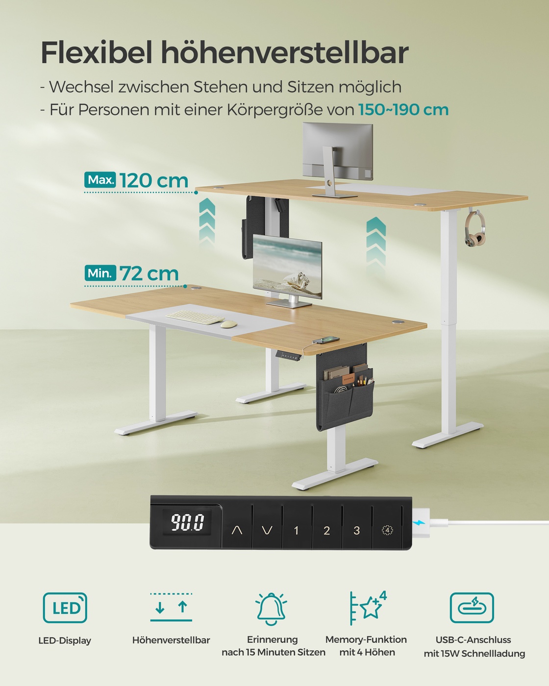 Electric height-adjustable desk 180 x 80 cm - Image 3