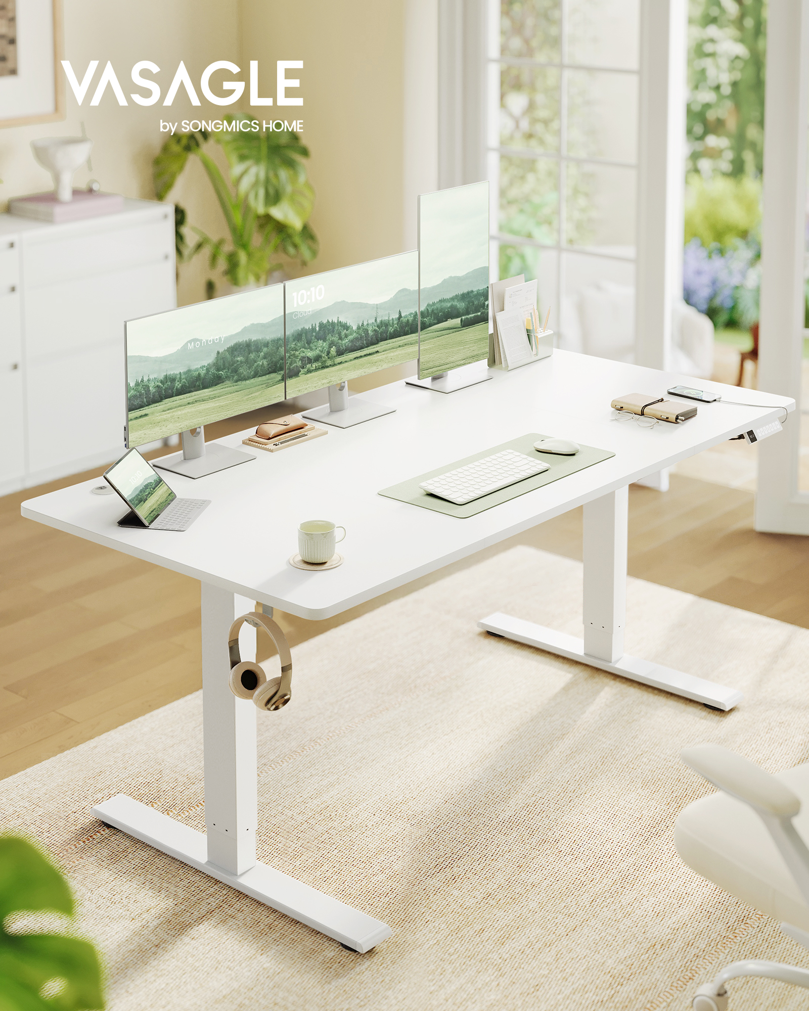 VASAGLE højdejusterbart skrivebord, 160 x 80 cm, USB-C-port, stikkontakthylde, ståbord, påmindelse om at rejse sig, 3 hukommelsesknapper, til kontoret, mat hvid