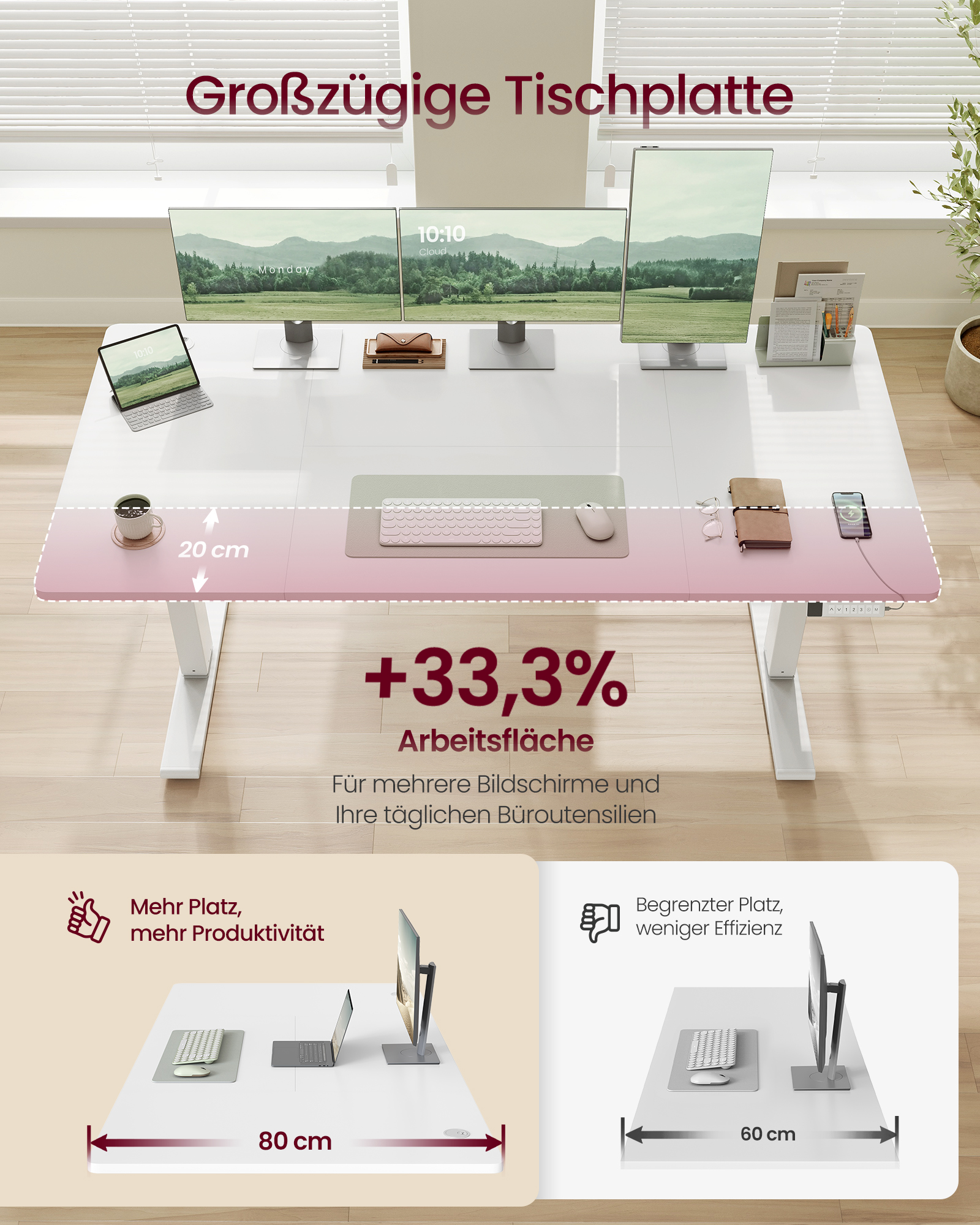 VASAGLE højdejusterbart skrivebord, 160 x 80 cm, USB-C-port, stikkontakthylde, ståbord, påmindelse om at rejse sig, 3 hukommelsesknapper, til kontoret, mat hvid - Billede 2