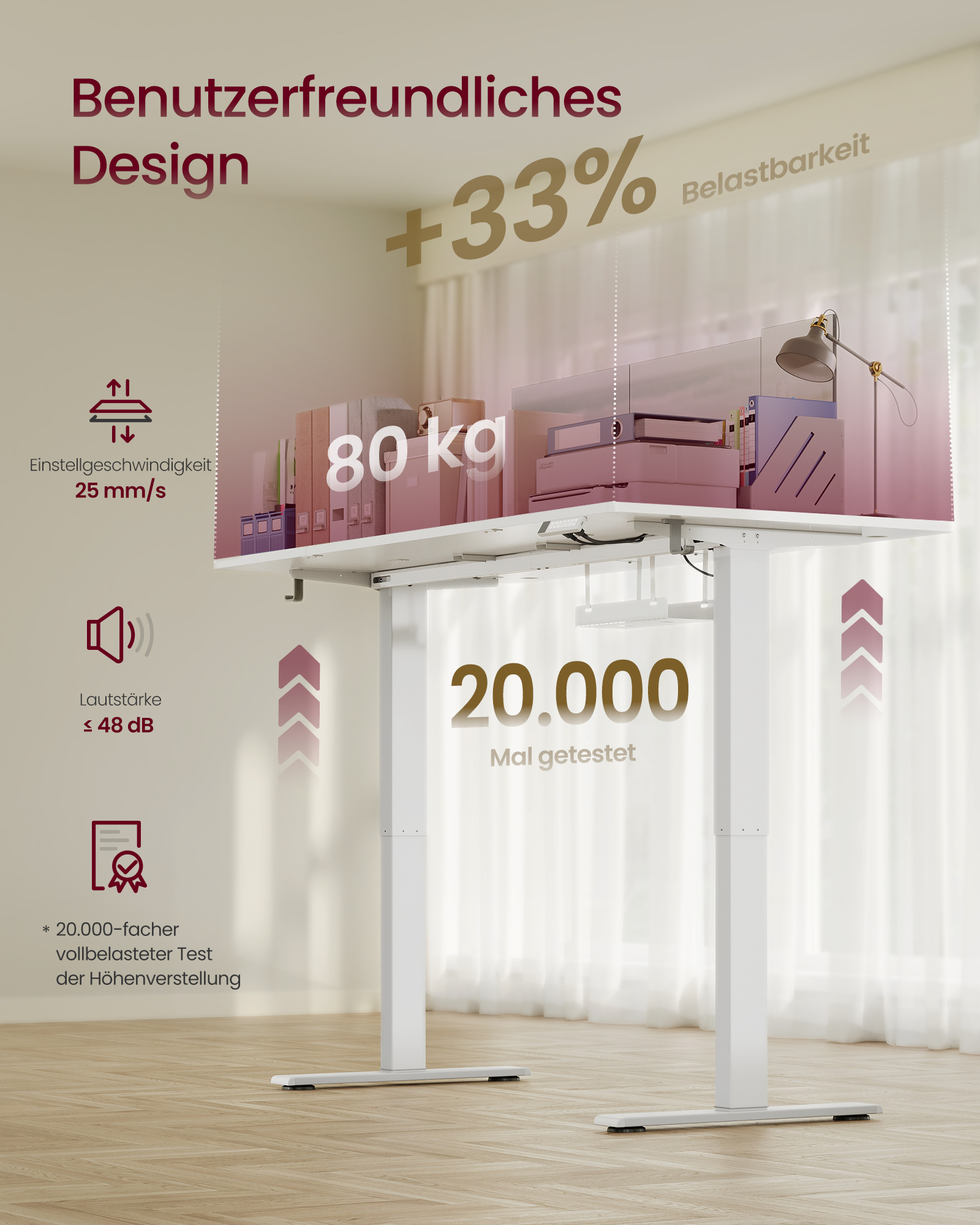 VASAGLE højdejusterbart skrivebord, 160 x 80 cm, USB-C-port, stikkontakthylde, ståbord, påmindelse om at rejse sig, 3 hukommelsesknapper, til kontoret, mat hvid - Billede 5