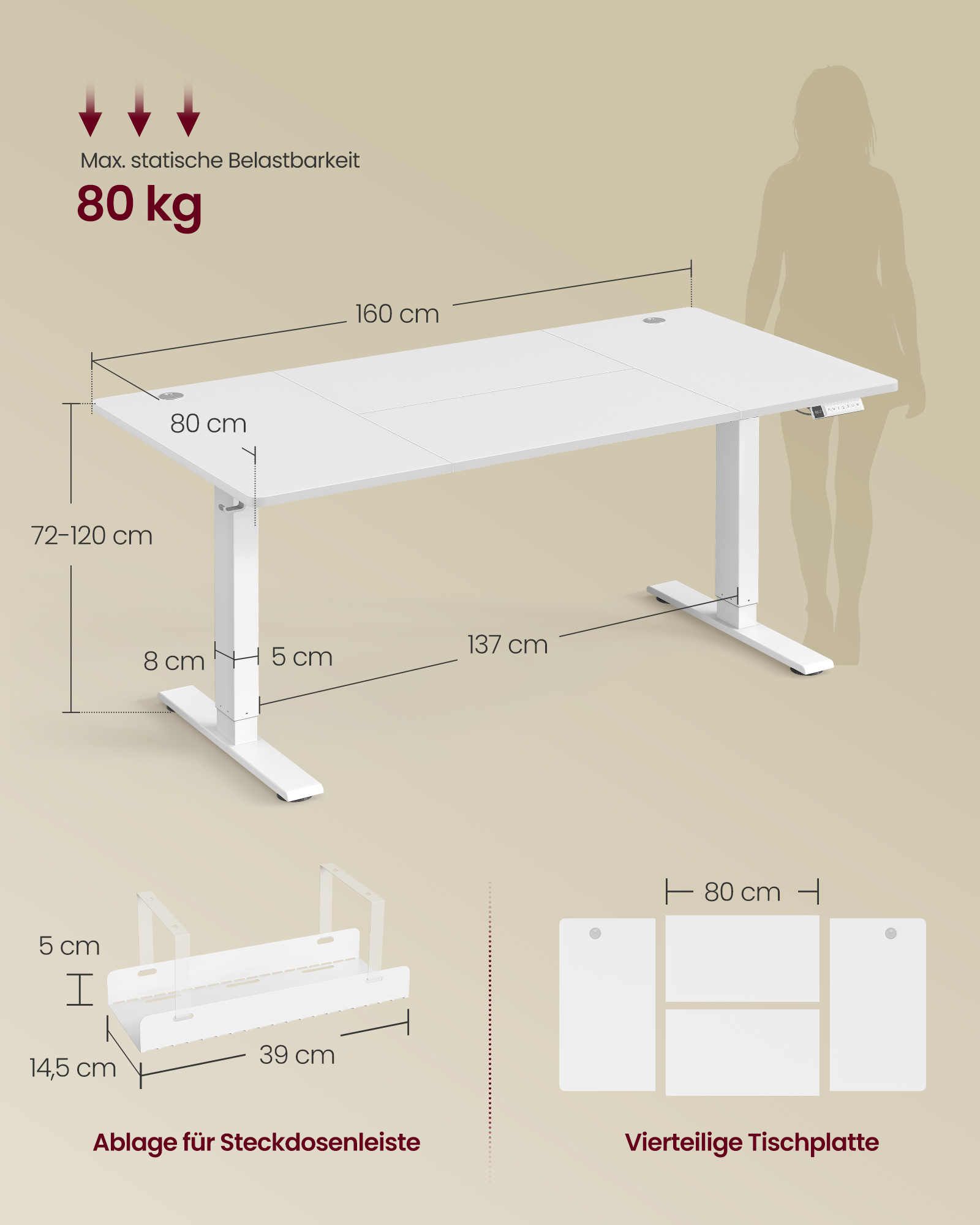 VASAGLE højdejusterbart skrivebord, 160 x 80 cm, USB-C-port, stikkontakthylde, ståbord, påmindelse om at rejse sig, 3 hukommelsesknapper, til kontoret, mat hvid - Billede 6