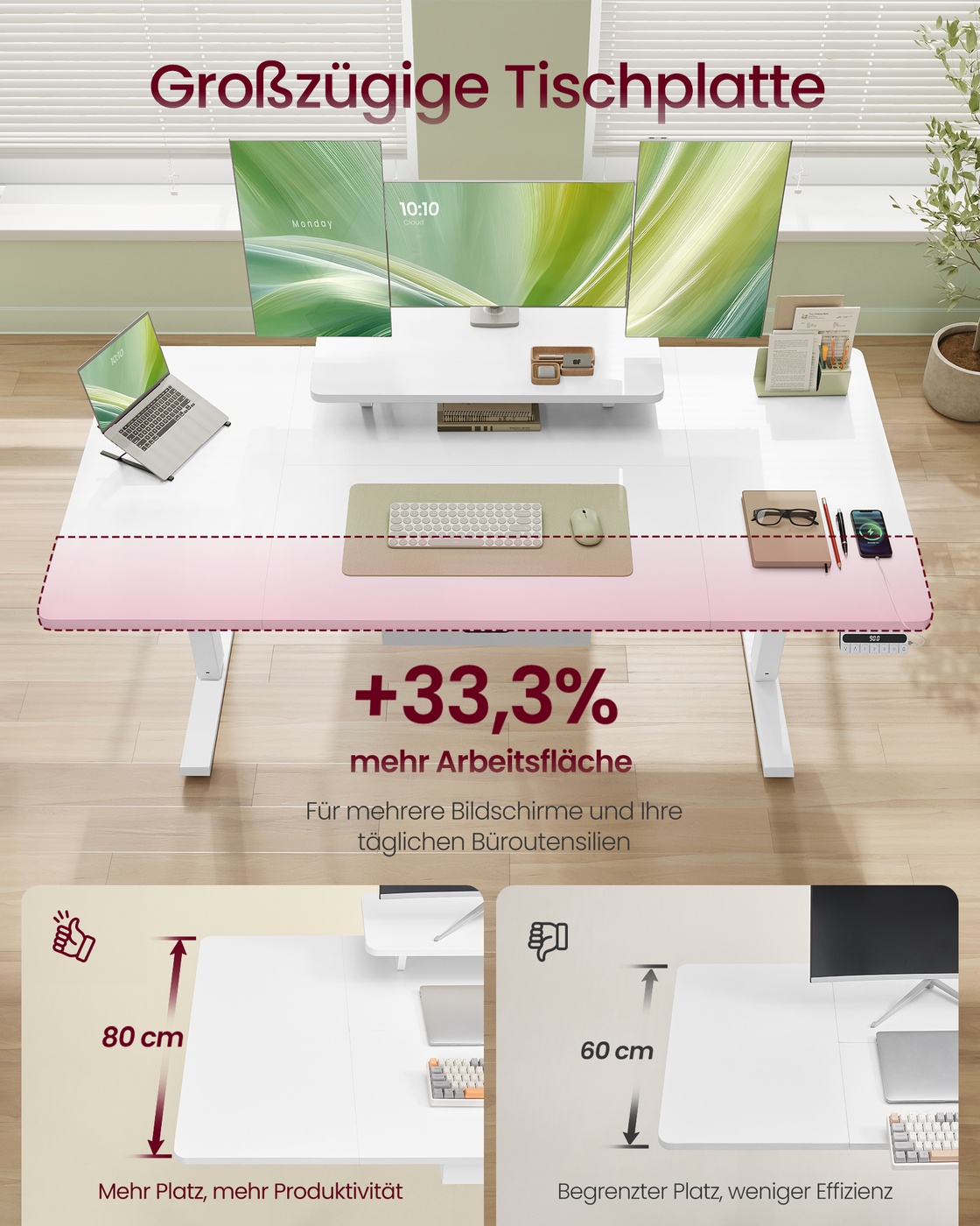 Høydejusterbart skrivebord med skjermstativ og USB - Bilde 3