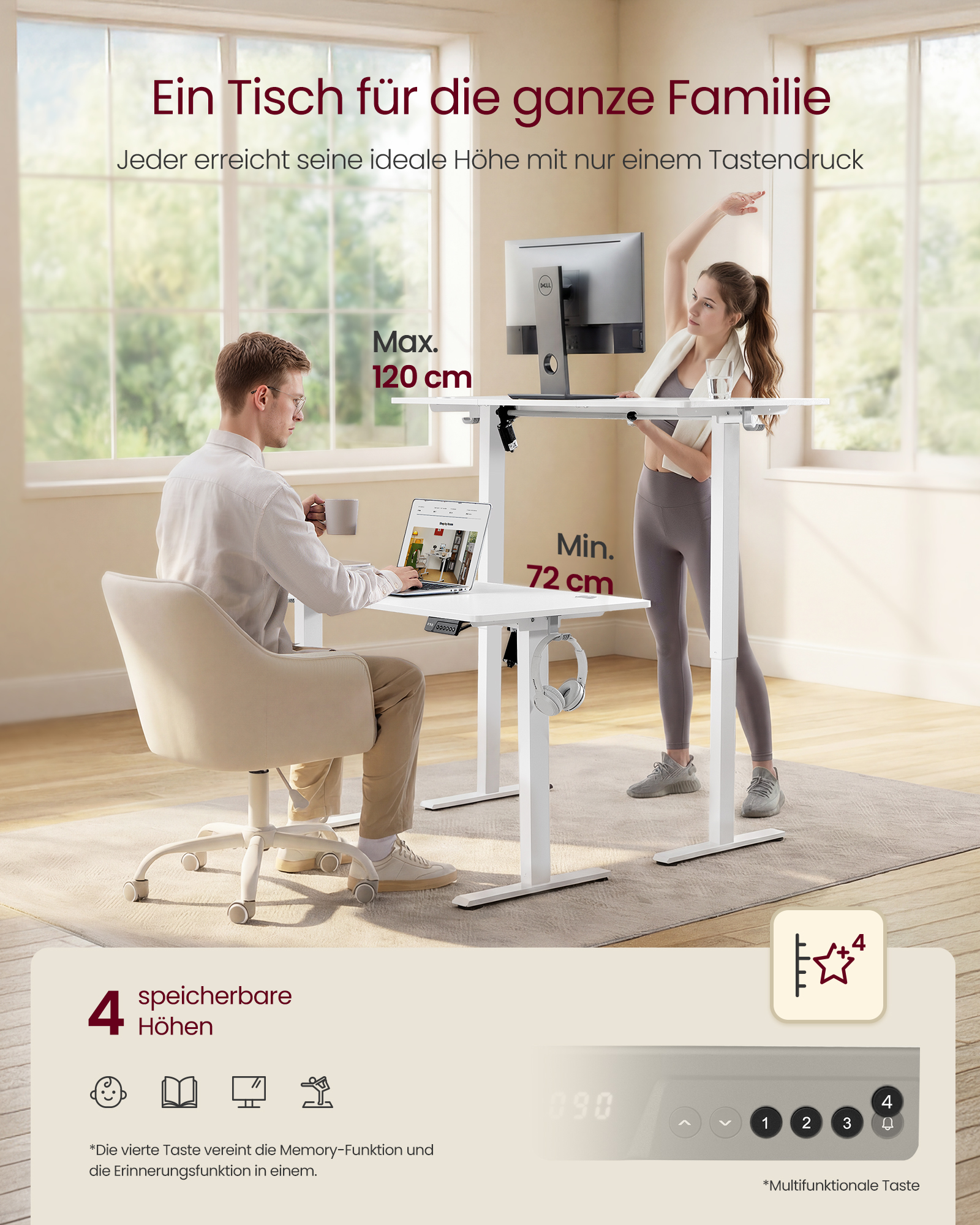 VASAGLE Height Adjustable Desk Standing Desk Computer Desk Memory Memory Function 4 Height Office Desk 120 x 60 cm Cloud White - Image 2