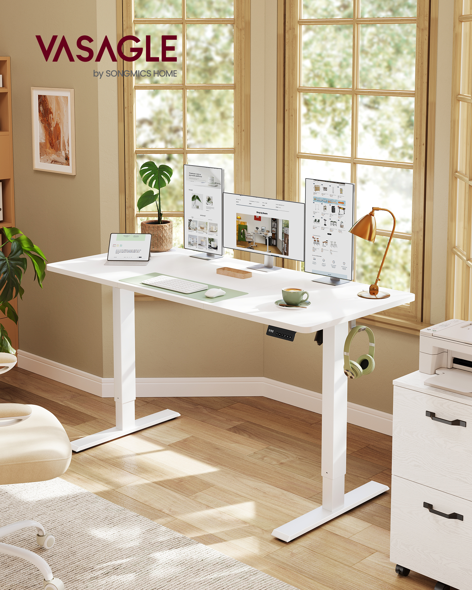 VASAGLE elektrisk højdejusterbart skrivebord, computerskrivebord, påmindelse om stillesiddende arbejde, hukommelsesfunktion med 4 højdeindstillinger, til kontoret, 140 x 60 cm, Cloud White