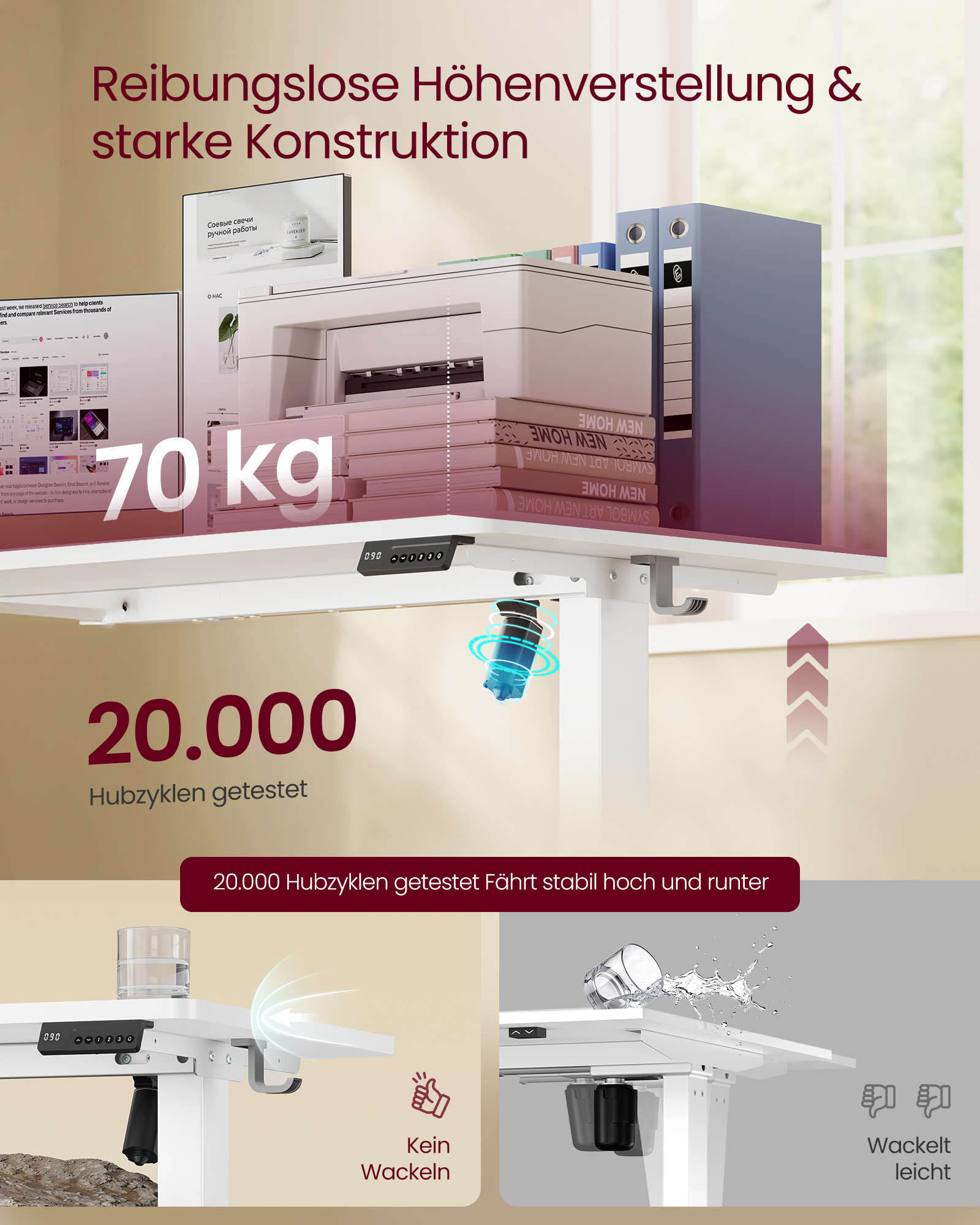 VASAGLE elektrisk højdejusterbart skrivebord, computerskrivebord, påmindelse om stillesiddende arbejde, hukommelsesfunktion med 4 højdeindstillinger, til kontoret, 140 x 60 cm, Cloud White - Billede 3