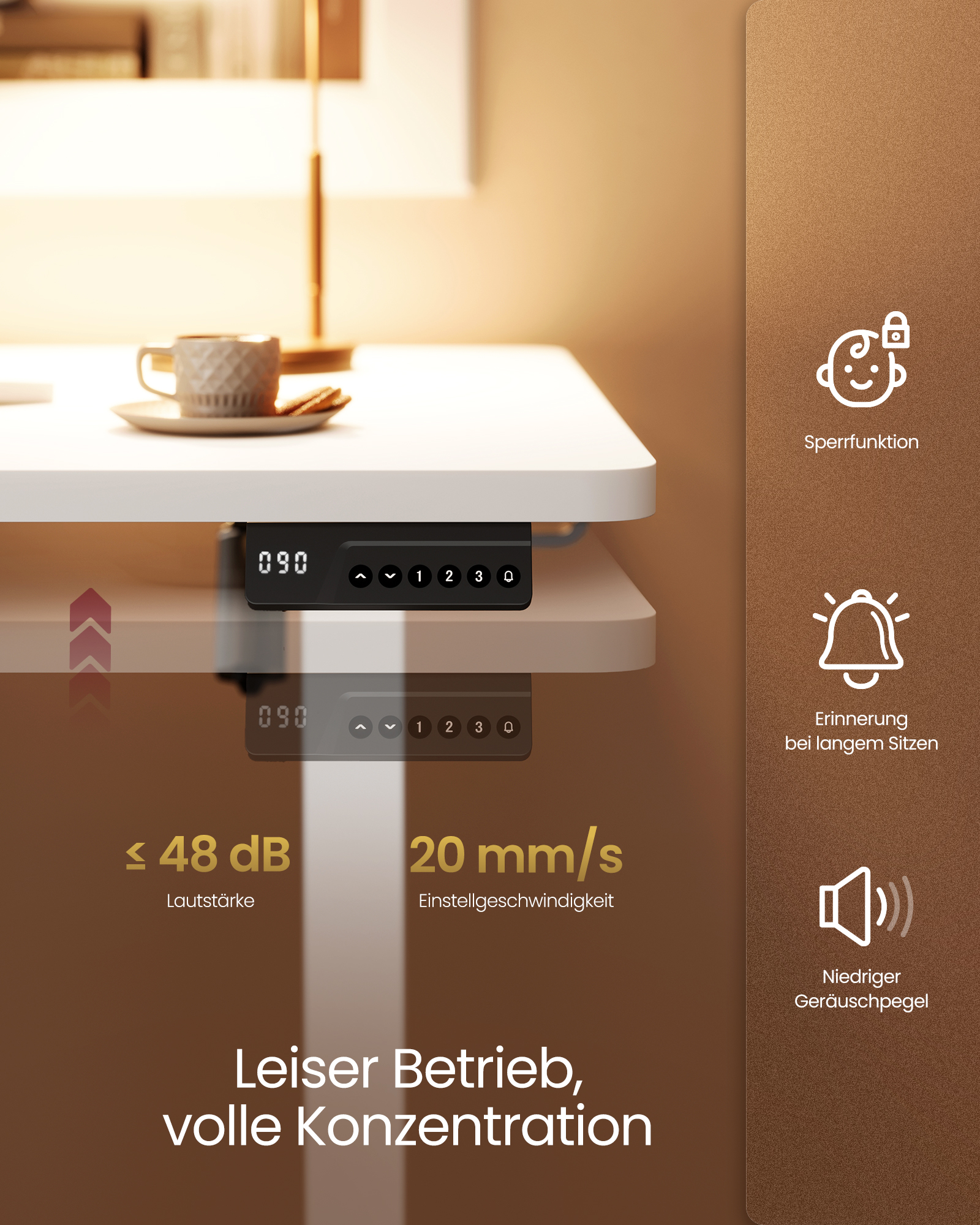 VASAGLE elektrisk højdejusterbart skrivebord, computerskrivebord, påmindelse om stillesiddende arbejde, hukommelsesfunktion med 4 højdeindstillinger, til kontoret, 140 x 60 cm, Cloud White - Billede 4