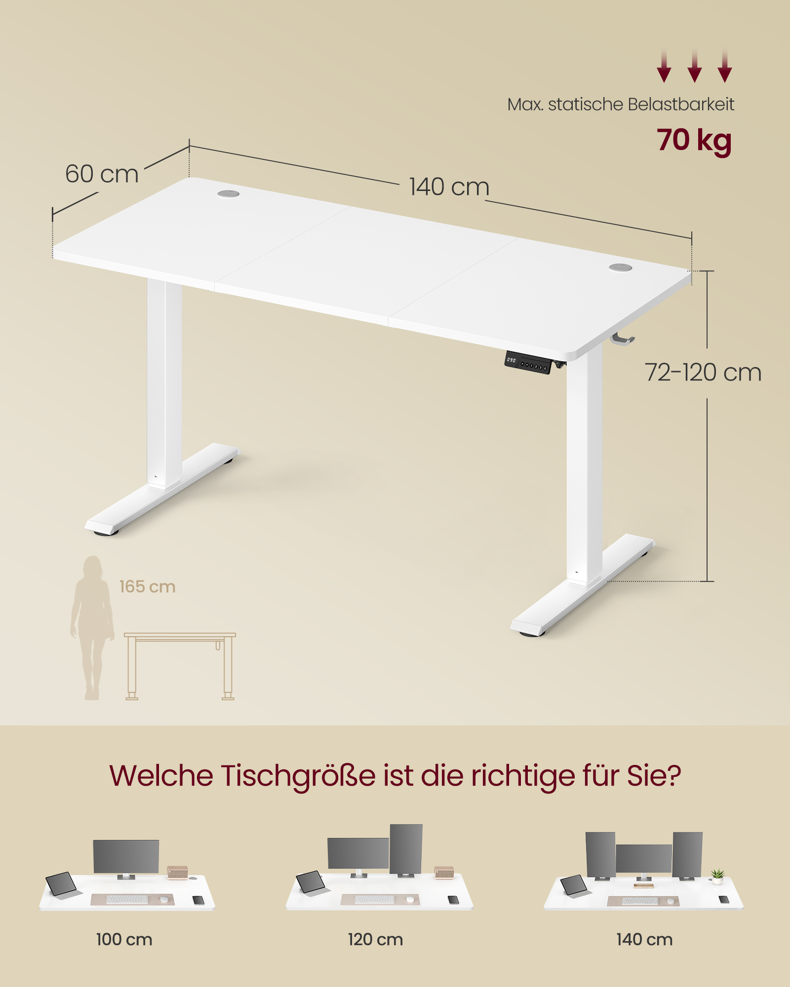 VASAGLE elektrisk højdejusterbart skrivebord, computerskrivebord, påmindelse om stillesiddende arbejde, hukommelsesfunktion med 4 højdeindstillinger, til kontoret, 140 x 60 cm, Cloud White - Billede 6