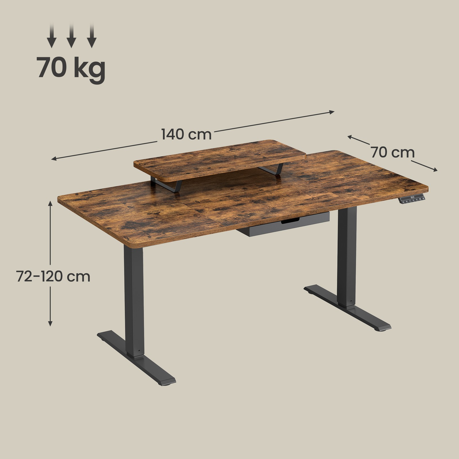 Height-adjustable desk, 140 x 70 cm, monitor stand - Image 3