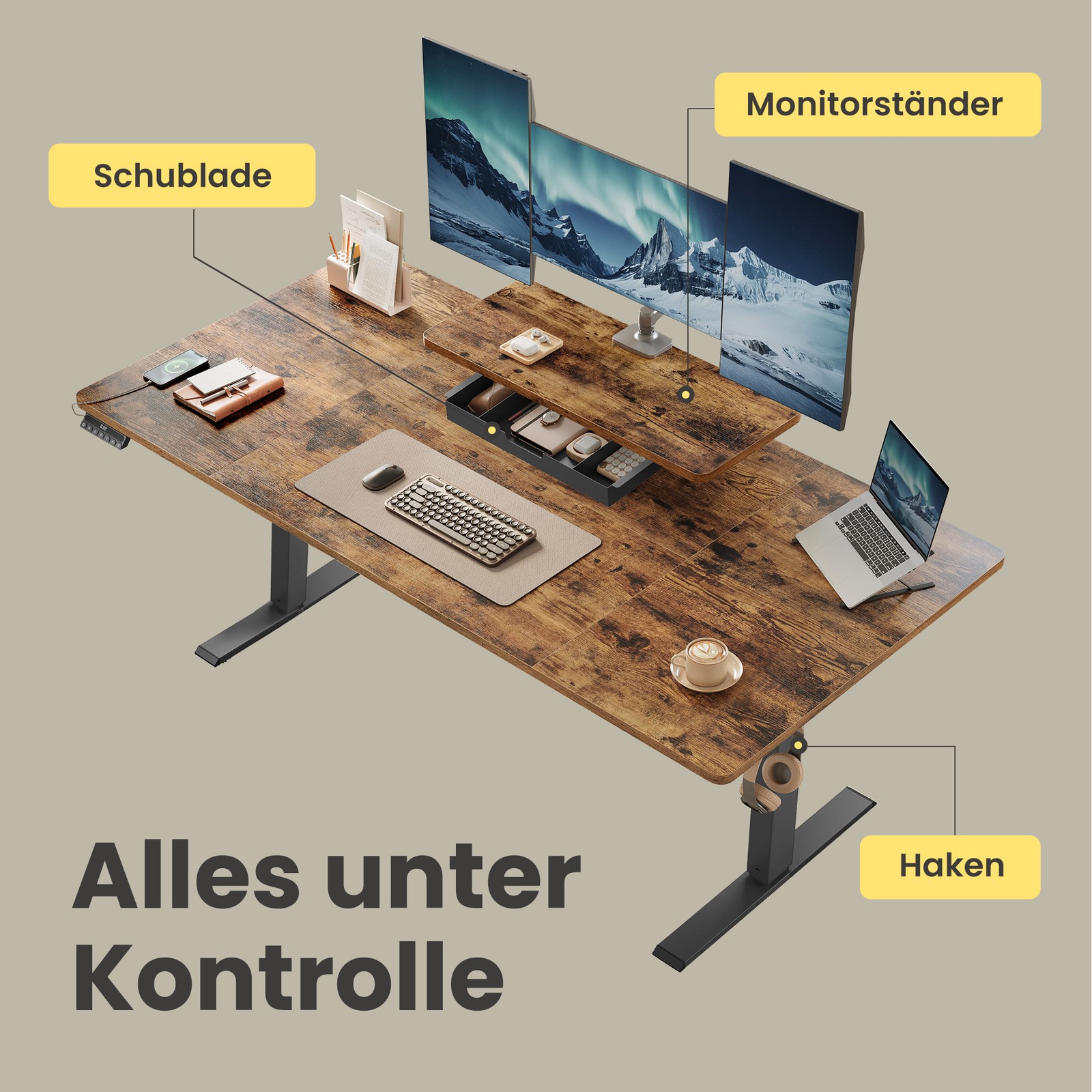 Height-adjustable desk, 140 x 70 cm, monitor stand - Image 8