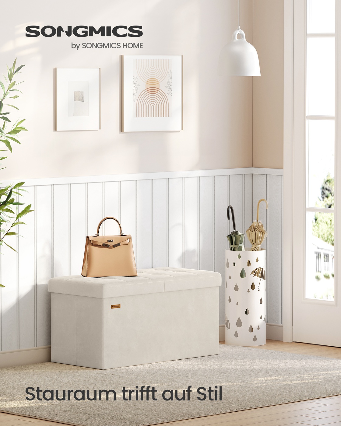 Bench with storage and folding lid, cream white - Image 2