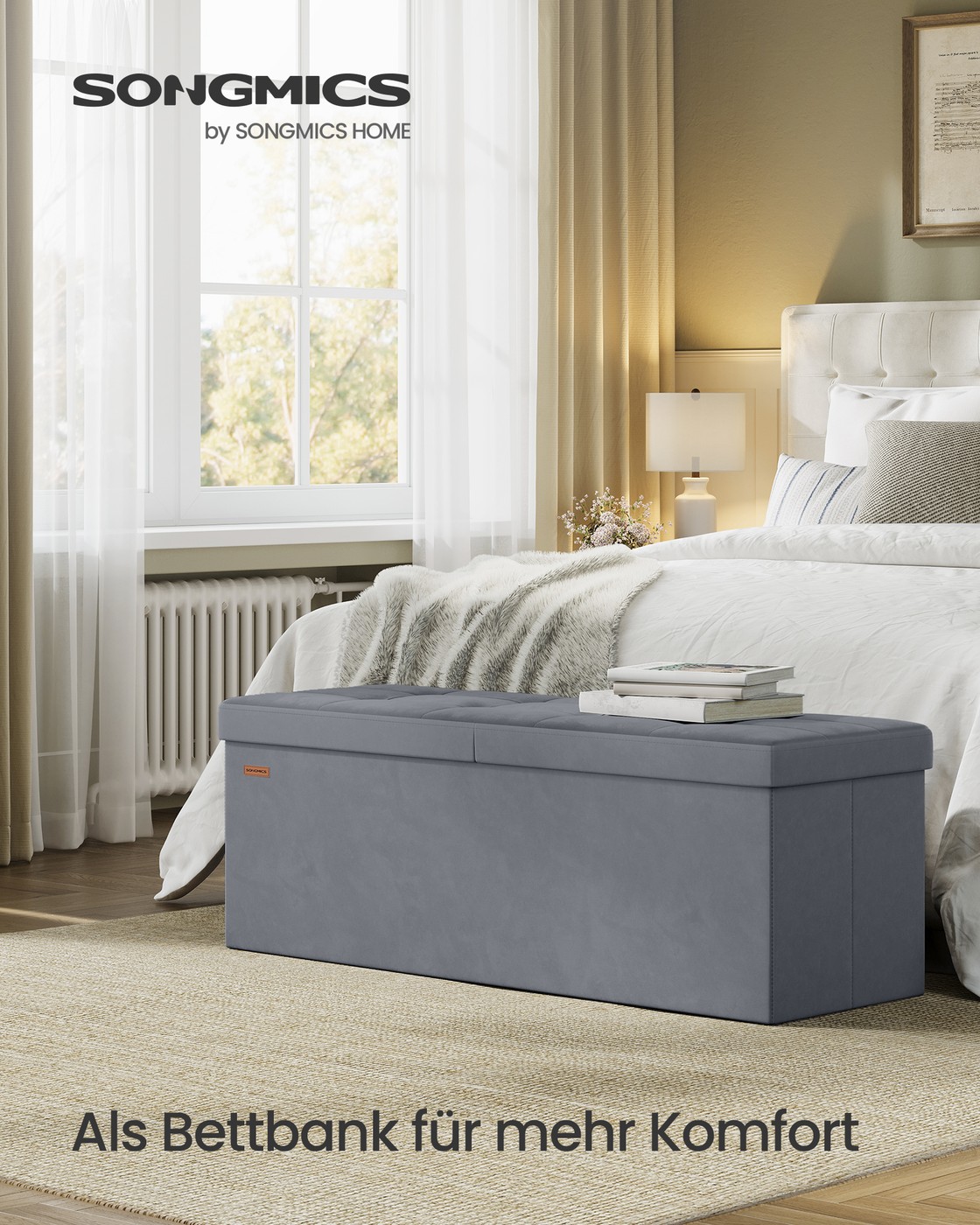 38 x 110 x 38 cm Bench with storage and folding lid, slate gray - Image 2