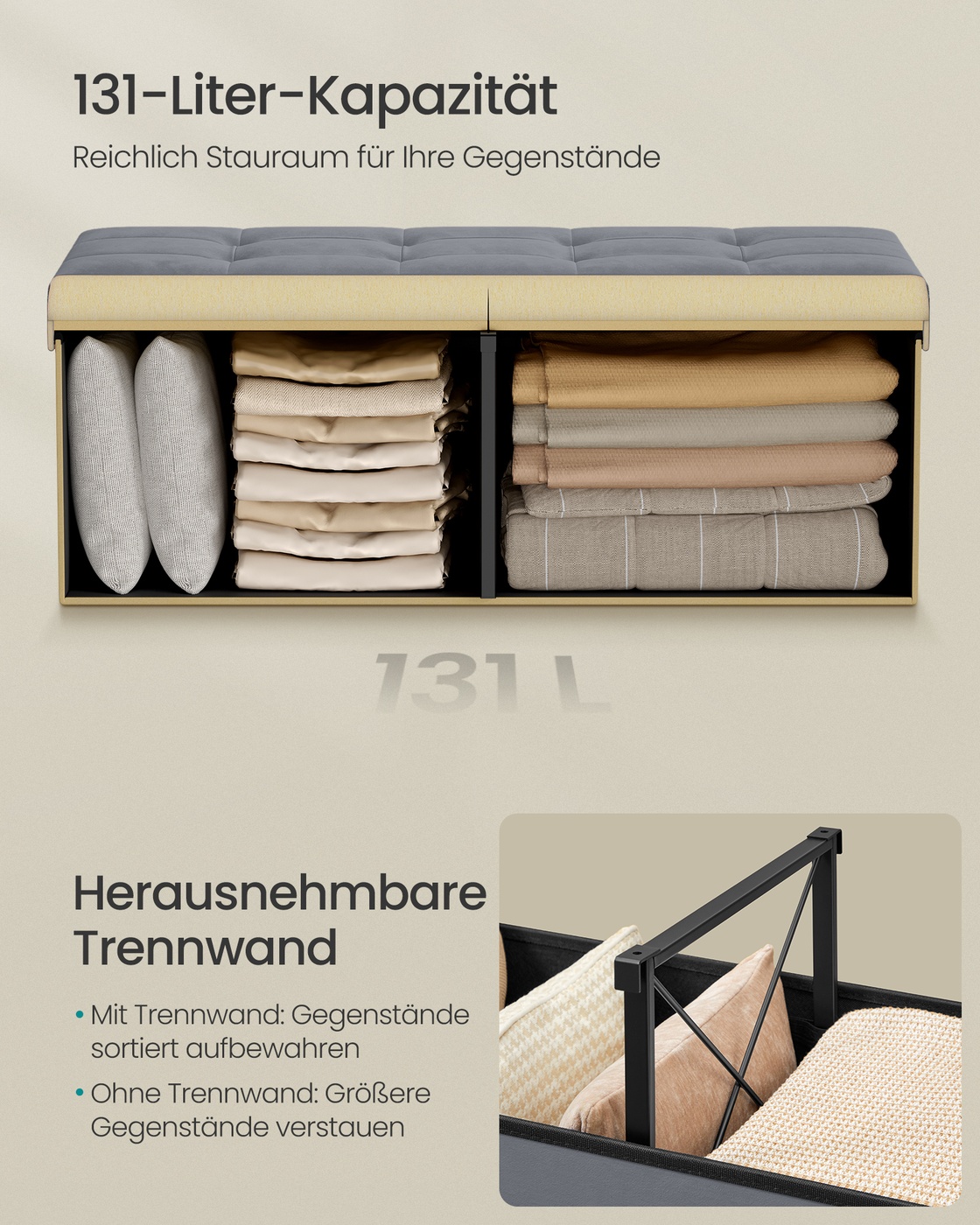 38 x 110 x 38 cm Bench with storage and folding lid, slate gray - Image 6