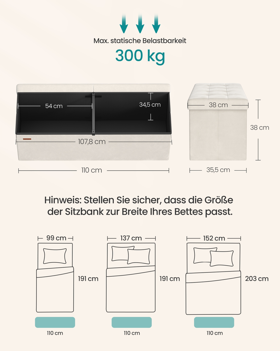 38 x 110 x 38 cm Bench with storage and hinged lid - Image 3