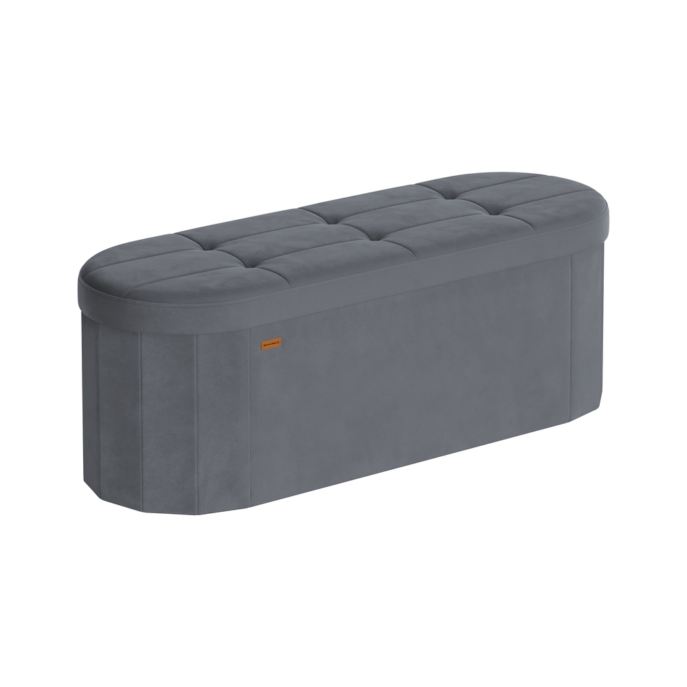 Bench with storage offers comfortable seating and organization, slate gray