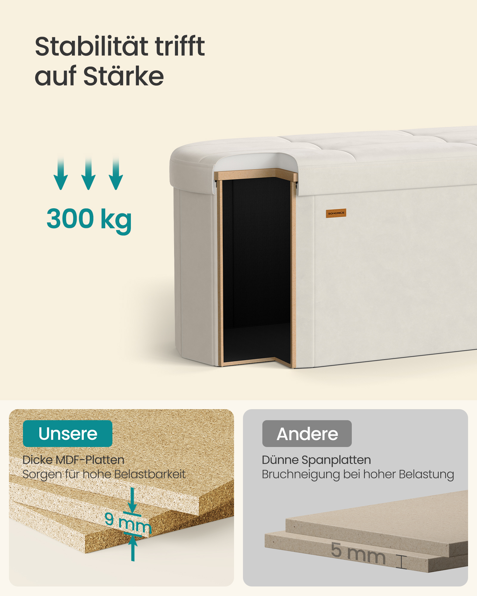 SONGMICS Storage Pouffe, Storage Chest, Folding Footrest, Easy Assembly, for Living Room, Hallway and Bedroom, Velvet, Capacity 110 L, 38 x 110 x 38 cm, Cream White - Image 4