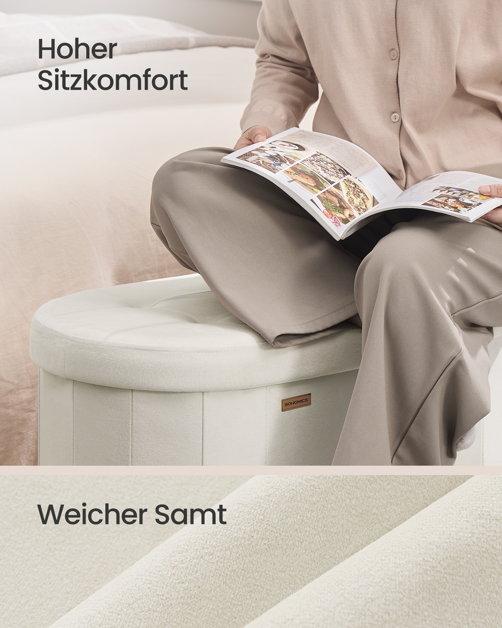 SONGMICS Storage Pouffe, Storage Chest, Folding Footrest, Easy Assembly, for Living Room, Hallway and Bedroom, Velvet, Capacity 110 L, 38 x 110 x 38 cm, Cream White - Image 7