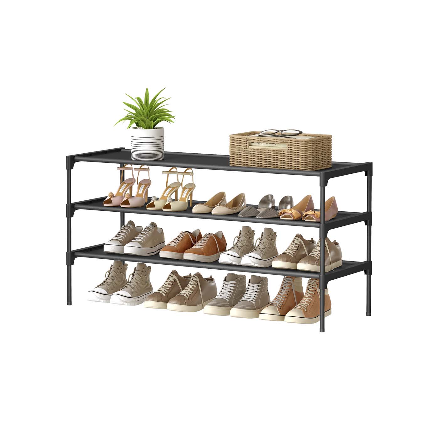 Space-saving multi-tier shoe rack for hallways and entryways