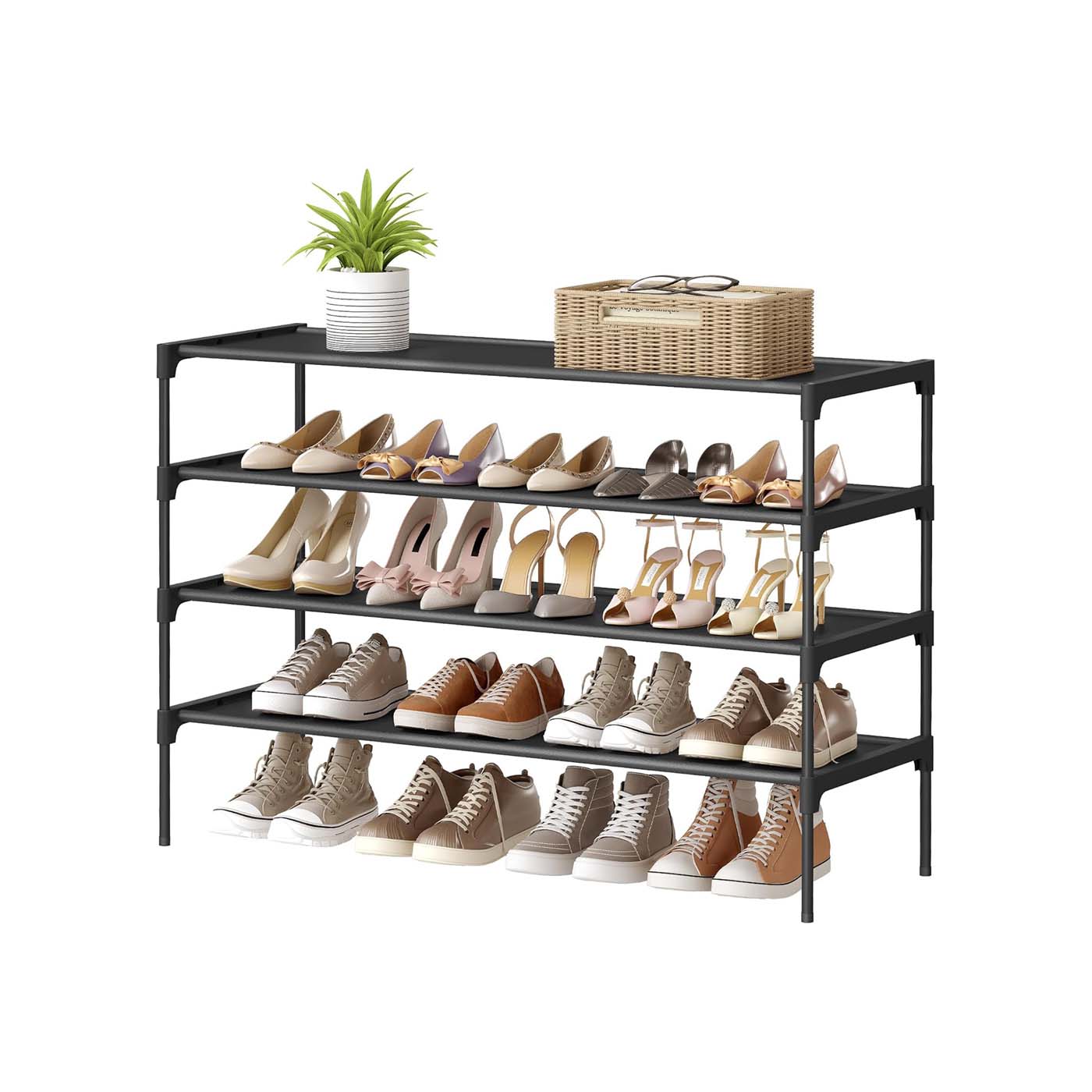 Space-saving multi-tier shoe rack for hallways and entryways