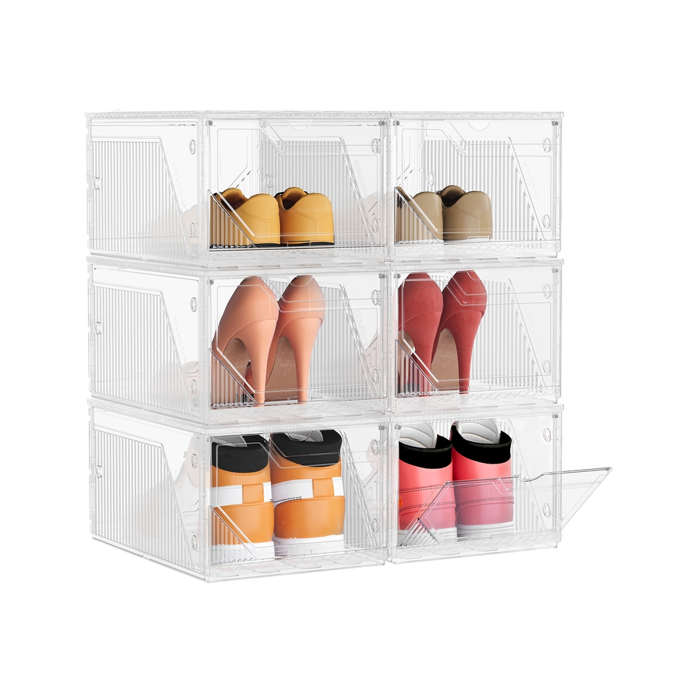 SONGMICS Shoe Boxes, 6-Piece Set, Plastic Shoe Organizer, Stackable Horizontally and Vertically, Storage Box with Magnetic Closure, Transparent, for Shoes up to Size 46, Cloud White