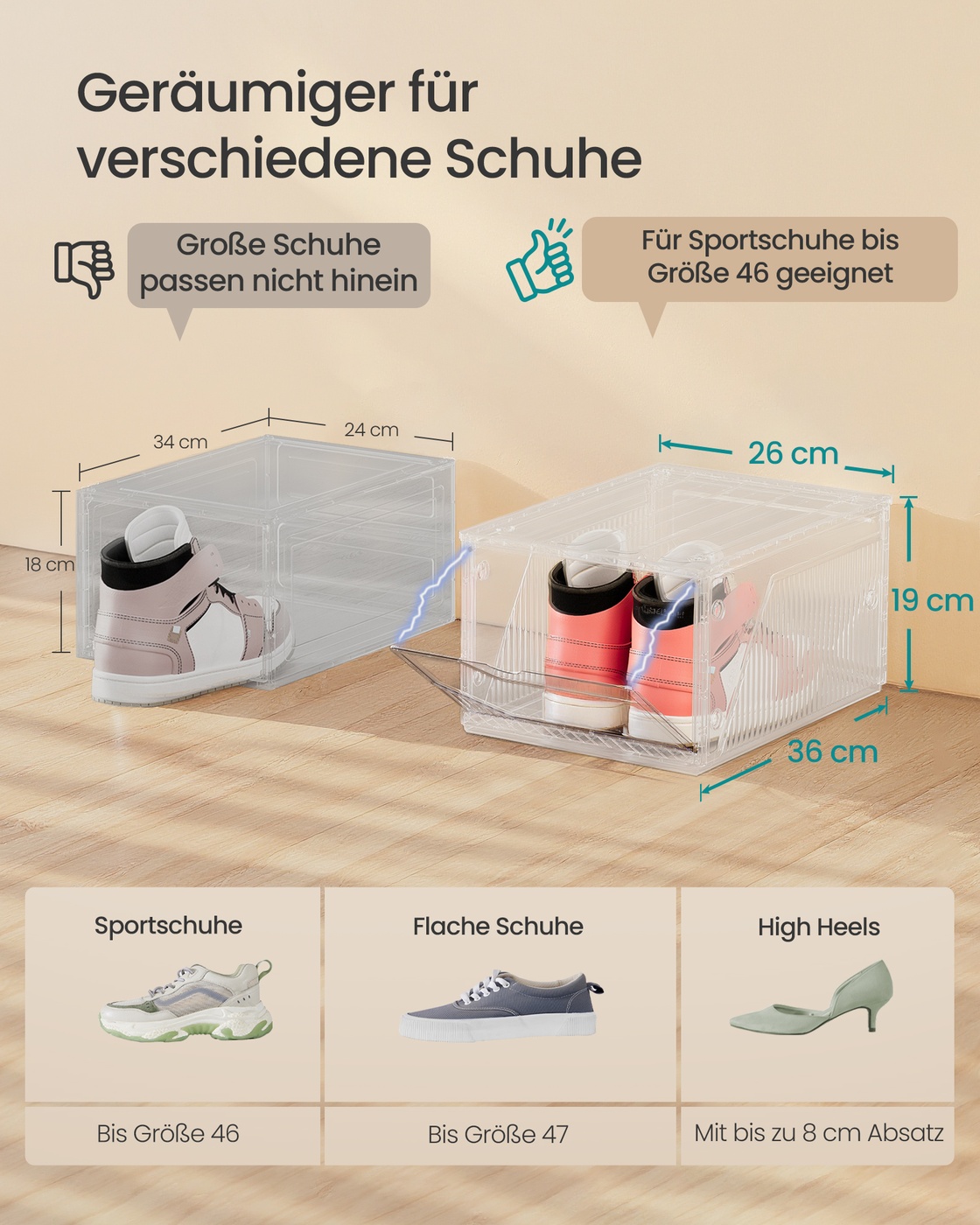 SONGMICS Shoe Boxes, 6-Piece Set, Plastic Shoe Organizer, Stackable Horizontally and Vertically, Storage Box with Magnetic Closure, Transparent, for Shoes up to Size 46, Cloud White - Image 5