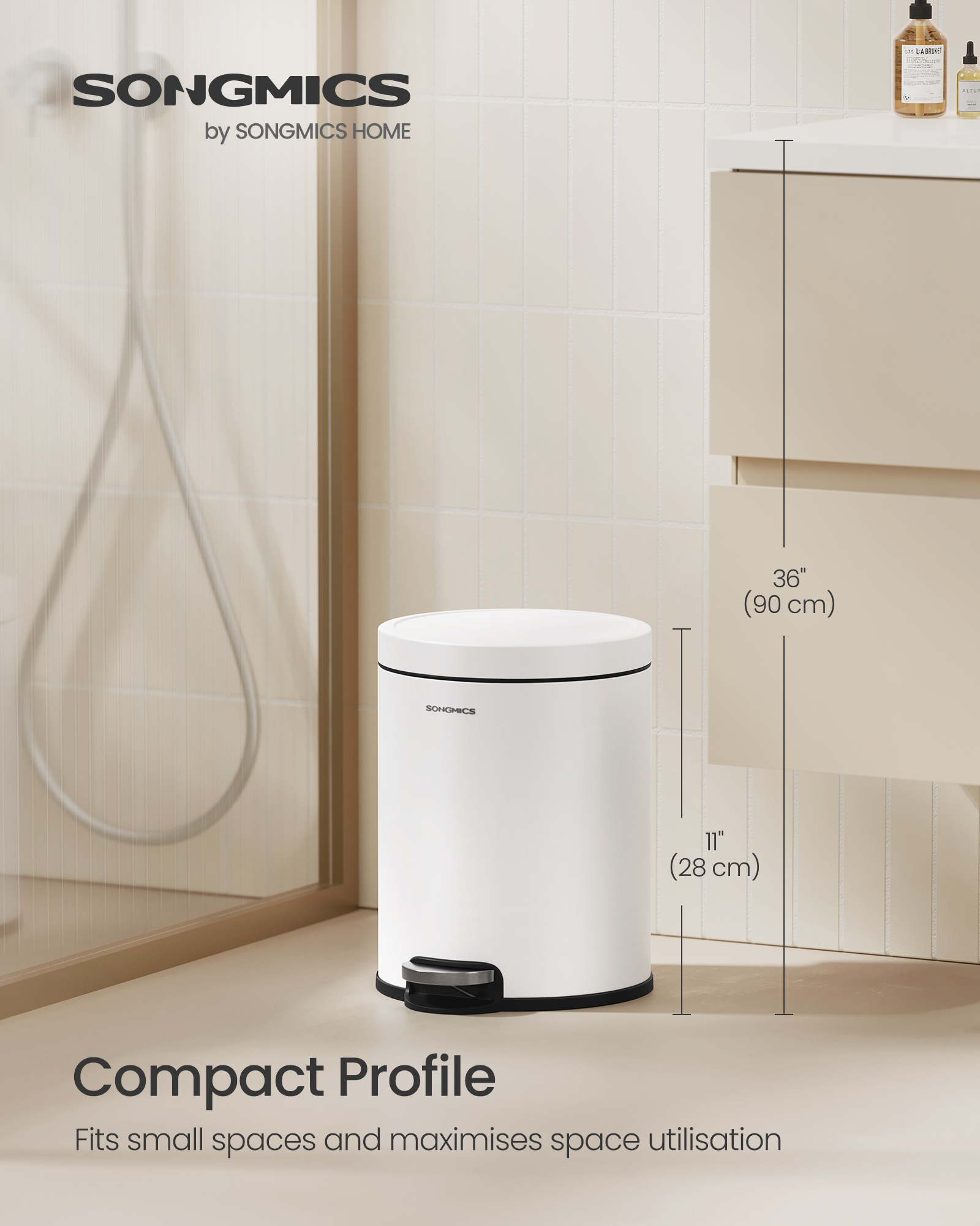 SONGMICS Bathroom Pedal Bin, 1.6 Gallon (6 L) Steel Toilet Bin with Soft-Close Lid, Inner Bucket, for Waste, Bedroom, Cloud White - Image 2
