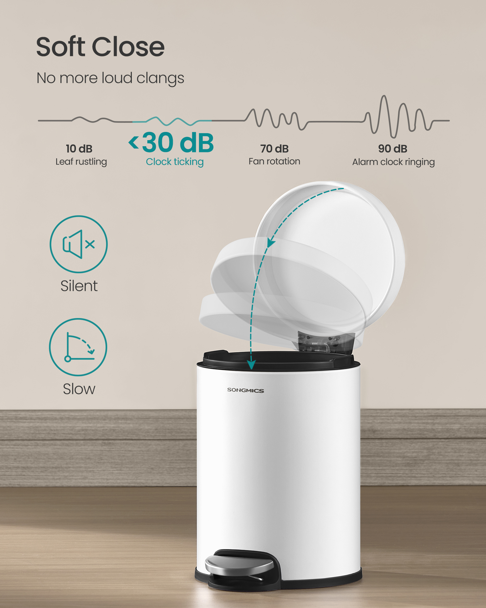 SONGMICS Bathroom Pedal Bin, 1.6 Gallon (6 L) Steel Toilet Bin with Soft-Close Lid, Inner Bucket, for Waste, Bedroom, Cloud White - Image 4