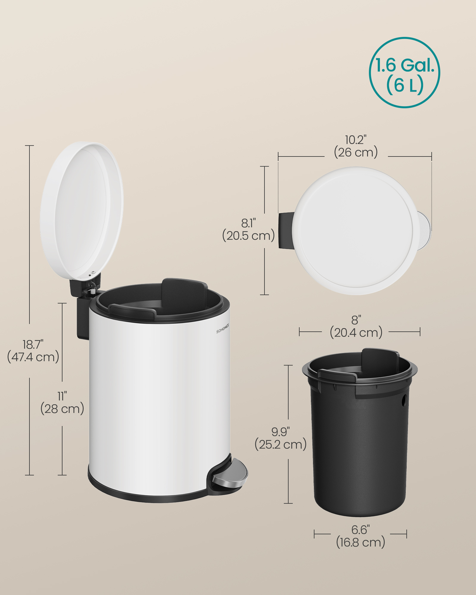 SONGMICS Bathroom Pedal Bin, 1.6 Gallon (6 L) Steel Toilet Bin with Soft-Close Lid, Inner Bucket, for Waste, Bedroom, Cloud White - Image 7