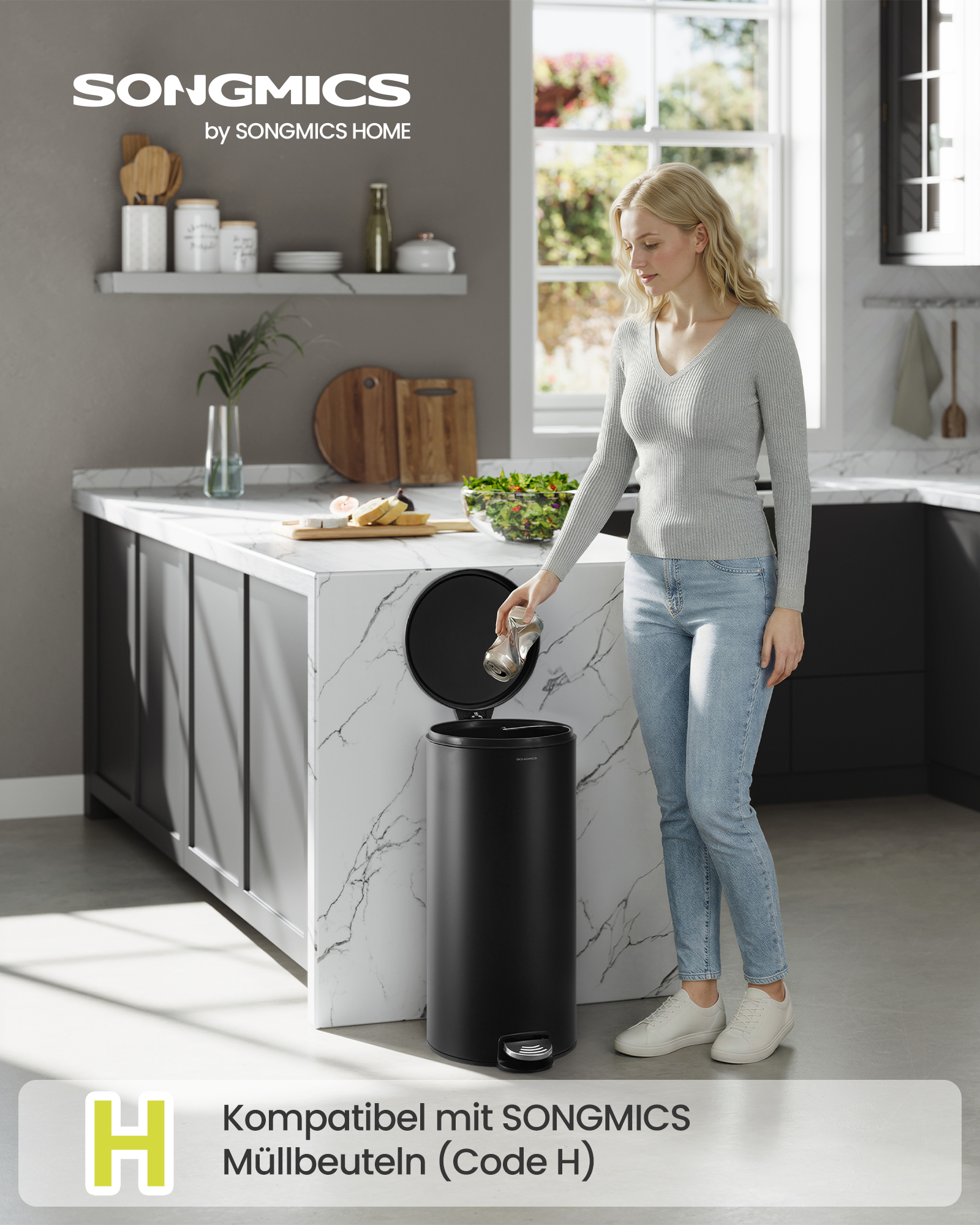 SONGMICS 30L rund skraldespand med 15 skraldeposer, metalpedal, aftagelig plastspand, håndtag, soft-close låg, stål, blæksort