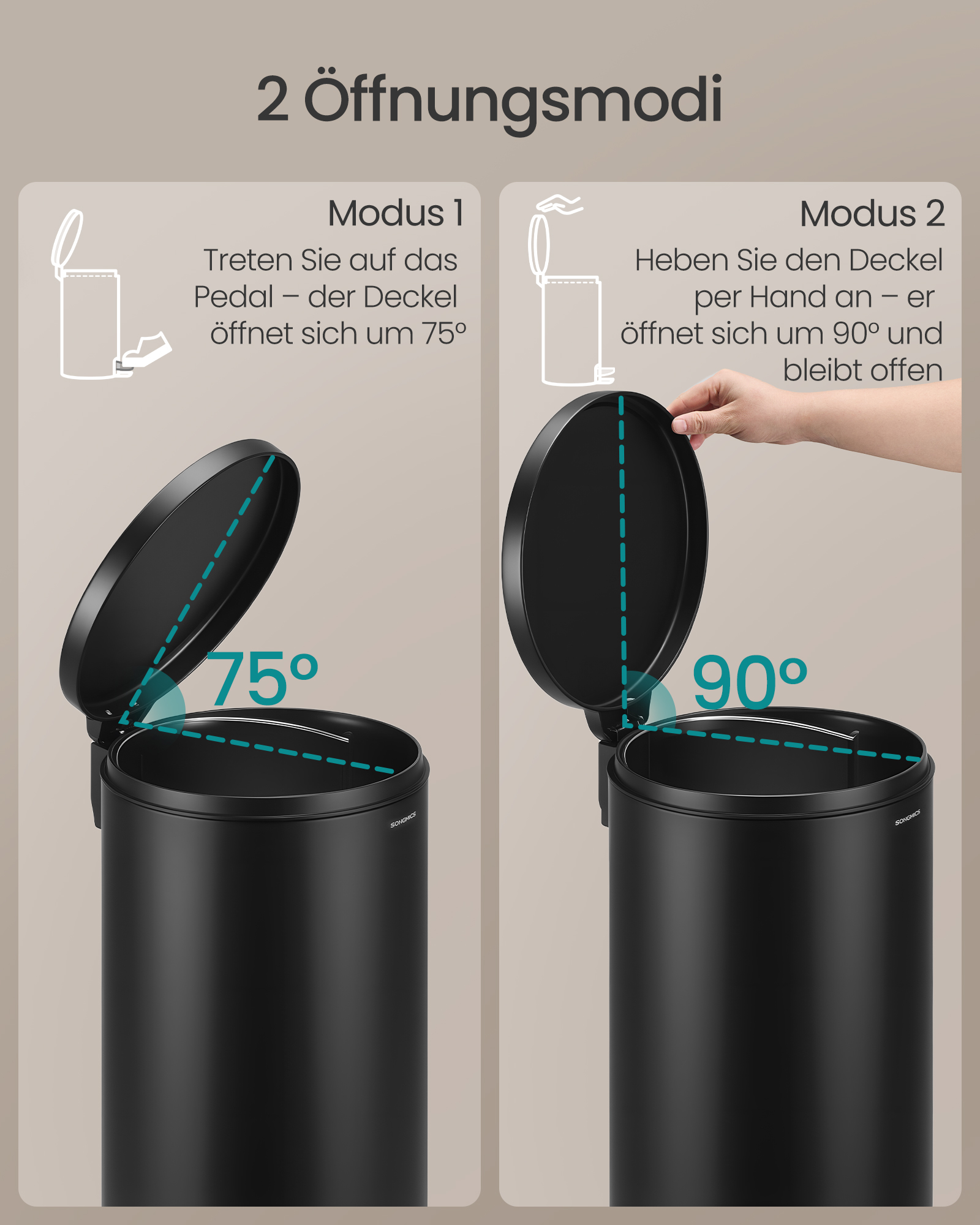 SONGMICS 30L rund skraldespand med 15 skraldeposer, metalpedal, aftagelig plastspand, håndtag, soft-close låg, stål, blæksort - Billede 4