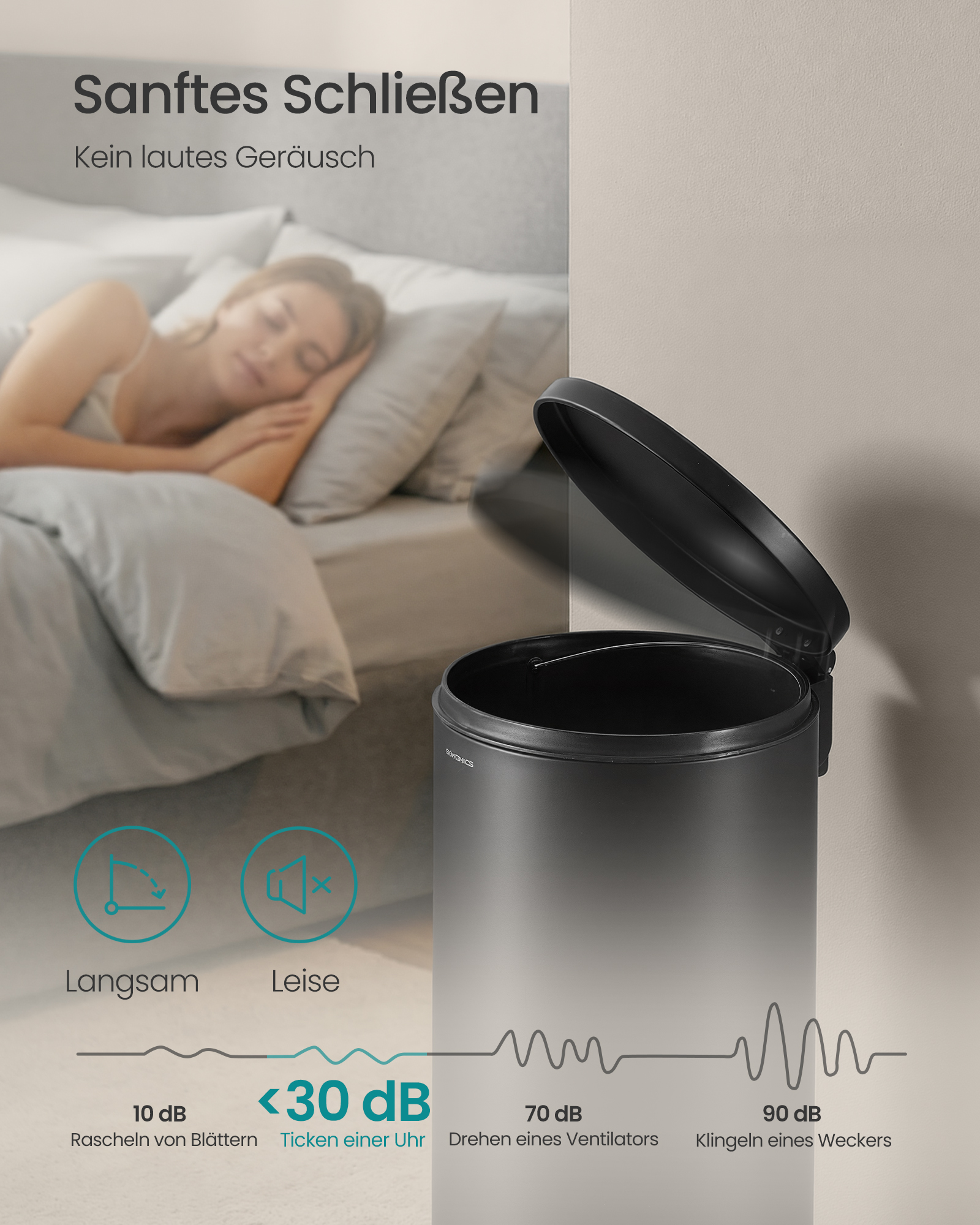 SONGMICS 30L rund skraldespand med 15 skraldeposer, metalpedal, aftagelig plastspand, håndtag, soft-close låg, stål, blæksort - Billede 5
