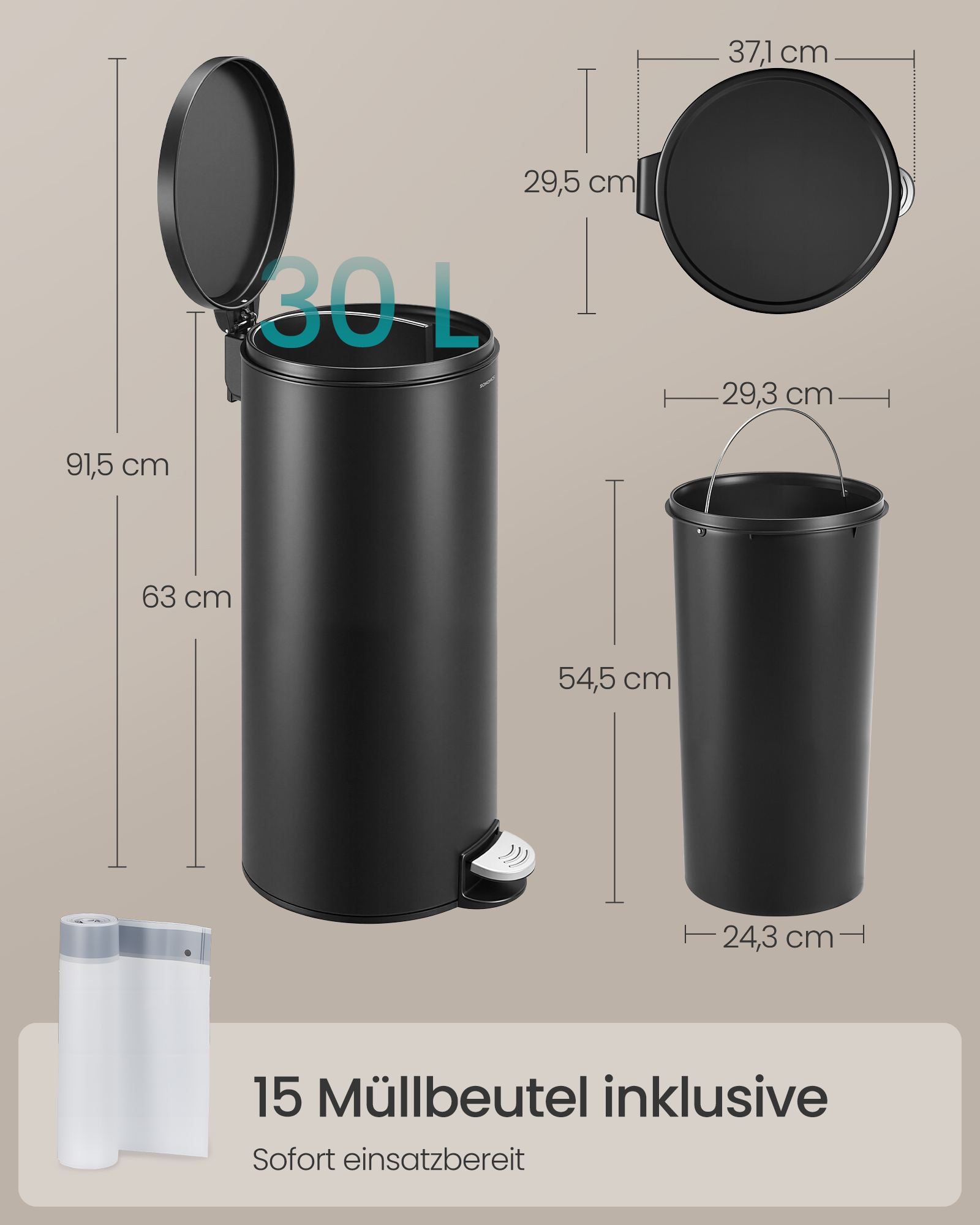 SONGMICS 30L rund skraldespand med 15 skraldeposer, metalpedal, aftagelig plastspand, håndtag, soft-close låg, stål, blæksort - Billede 6