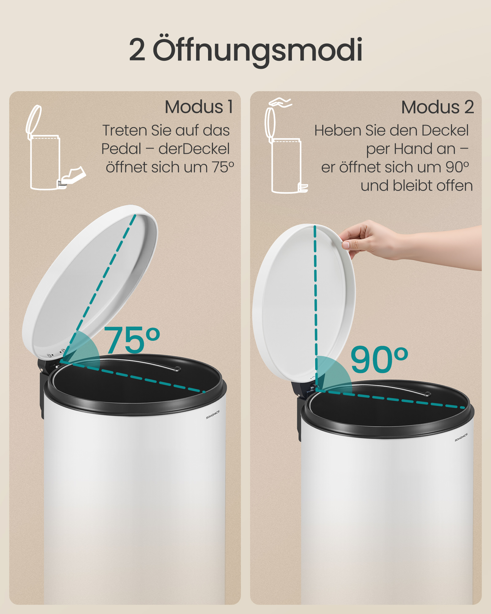 SONGMICS 30L rund papperskorg med 15 soppåsar, metallpedal, avtagbar plastbehållare, handtag, lock med mjukstängning, stål, molnvit - Bild 4