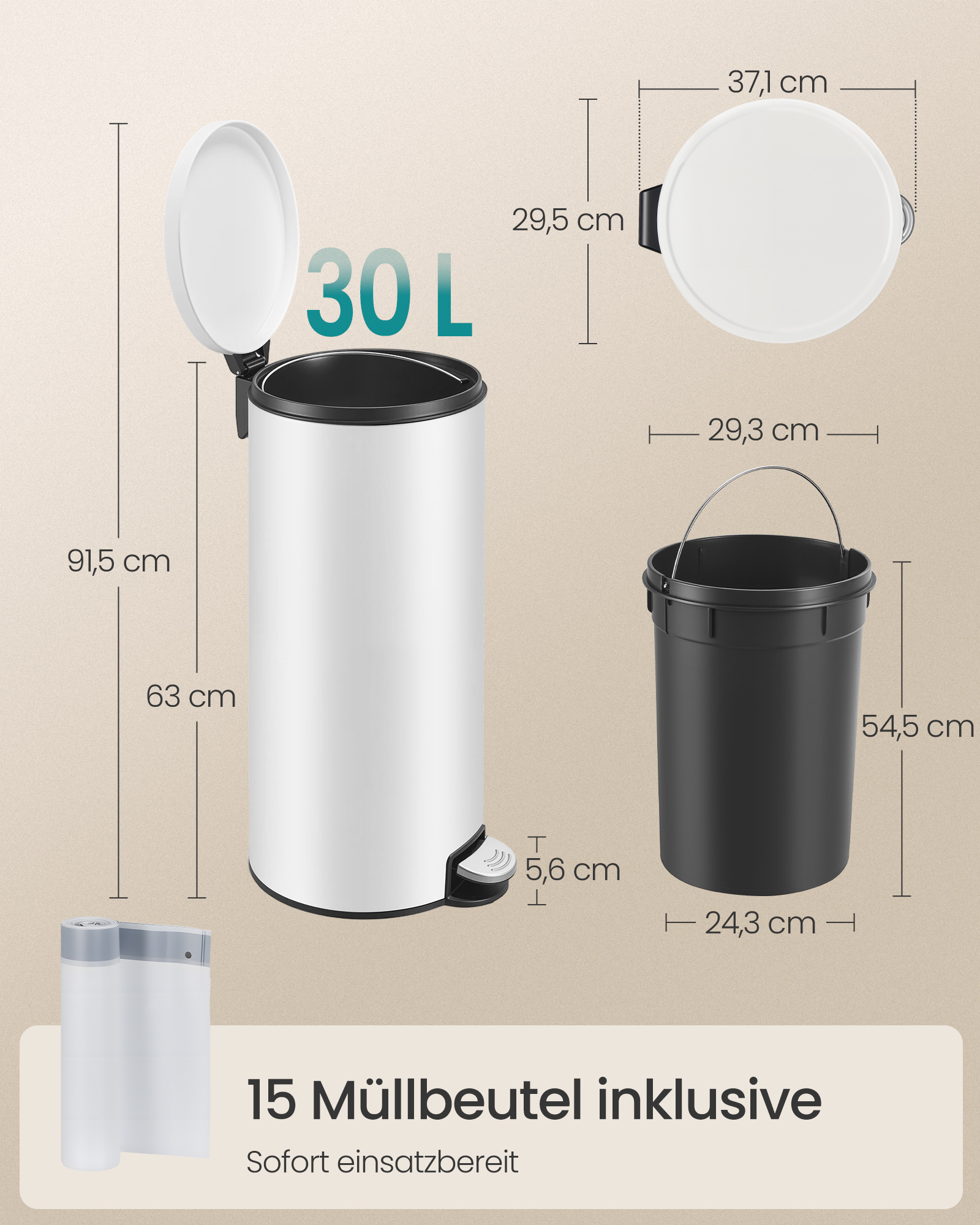 SONGMICS 30L rund papperskorg med 15 soppåsar, metallpedal, avtagbar plastbehållare, handtag, lock med mjukstängning, stål, molnvit - Bild 6