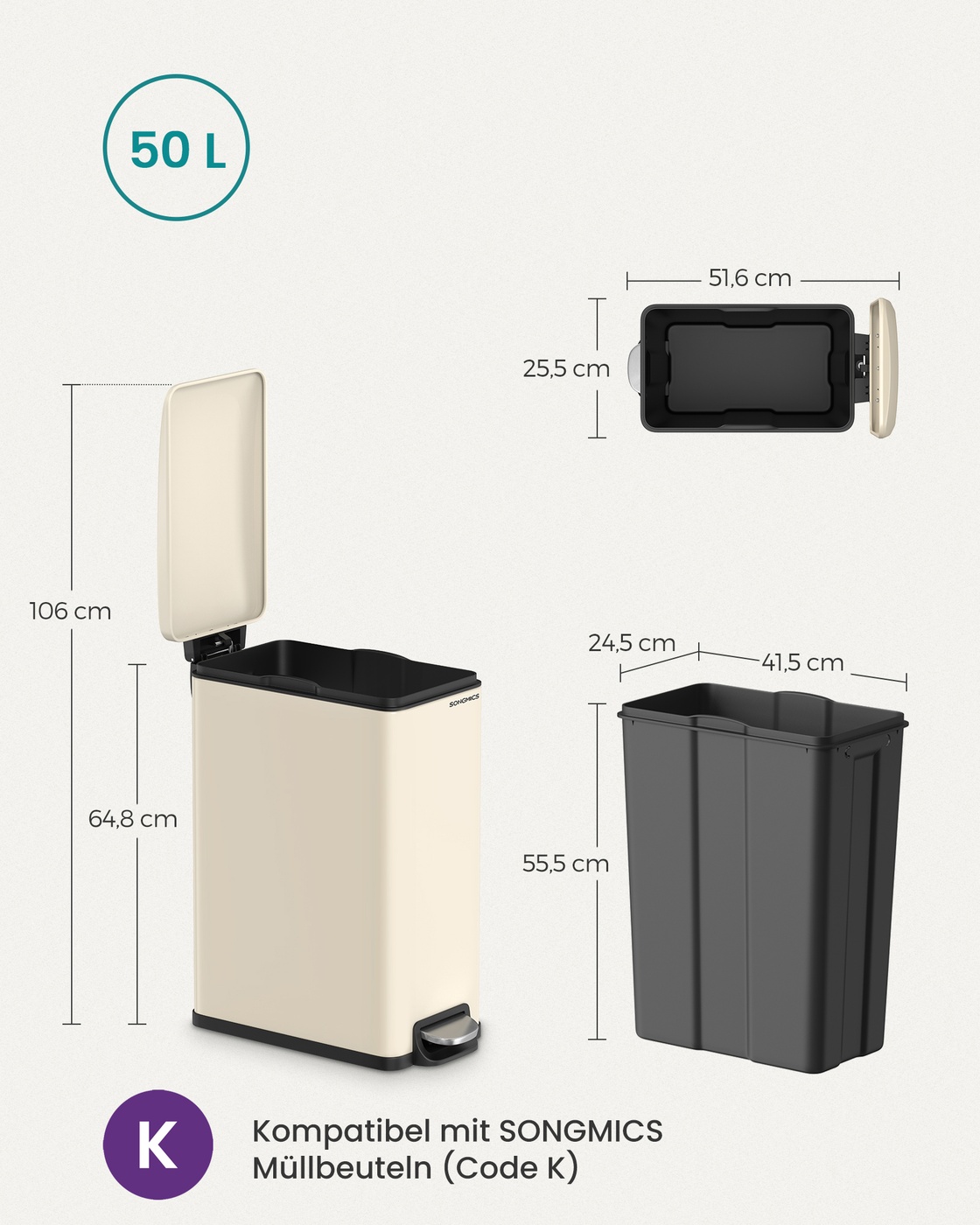Kitchen trash can with lid, sand beige - Image 6