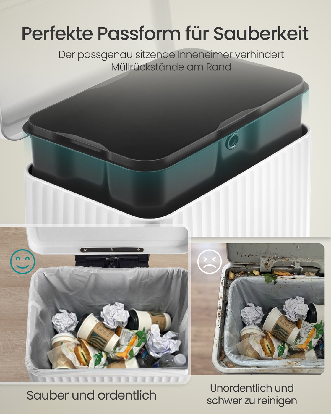 Affaldsspand med pedal, blødlukkende låg og aftagelig inderspand skyhvid - Billede 5