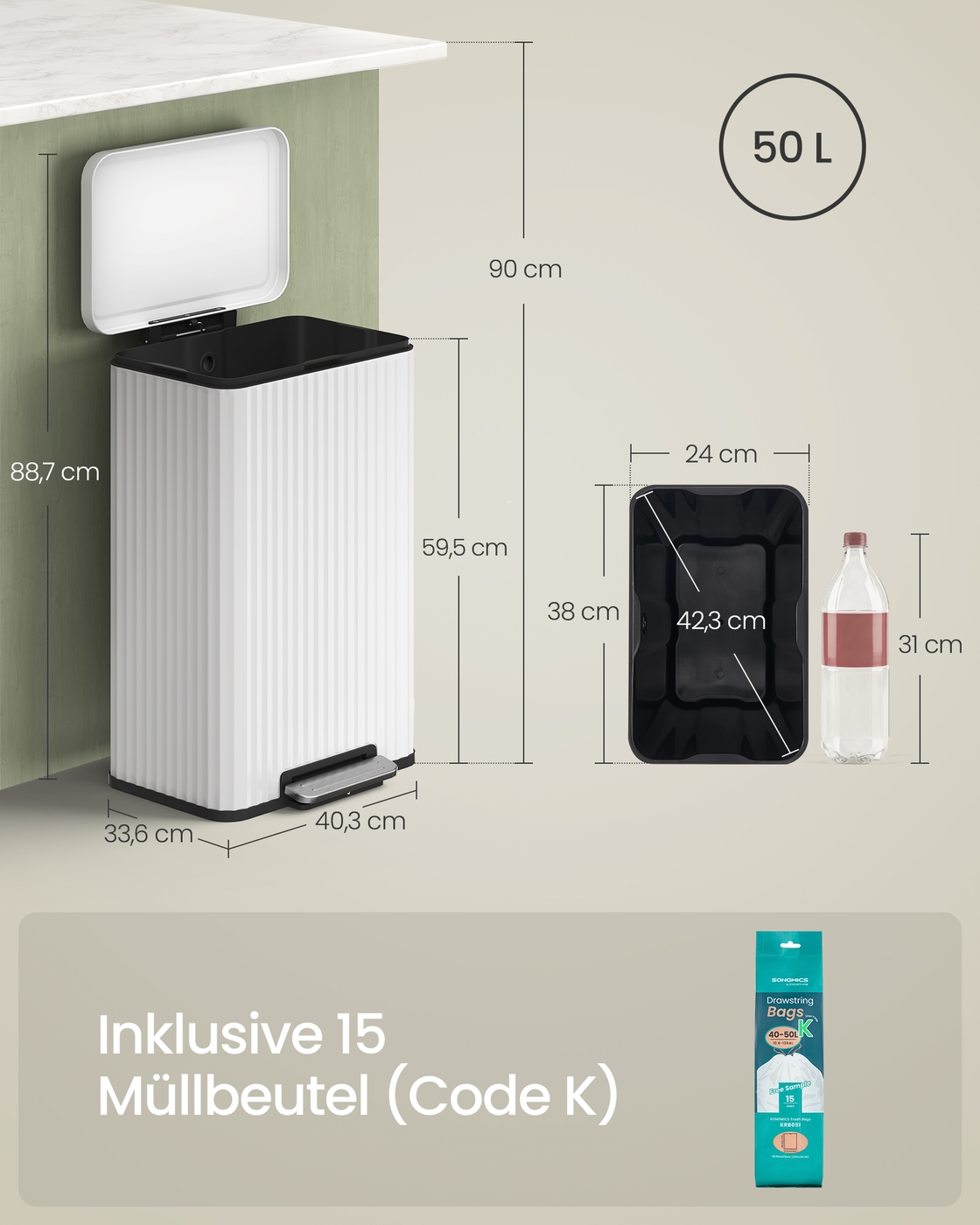 Affaldsspand med pedal, blødlukkende låg og aftagelig inderspand skyhvid - Billede 7