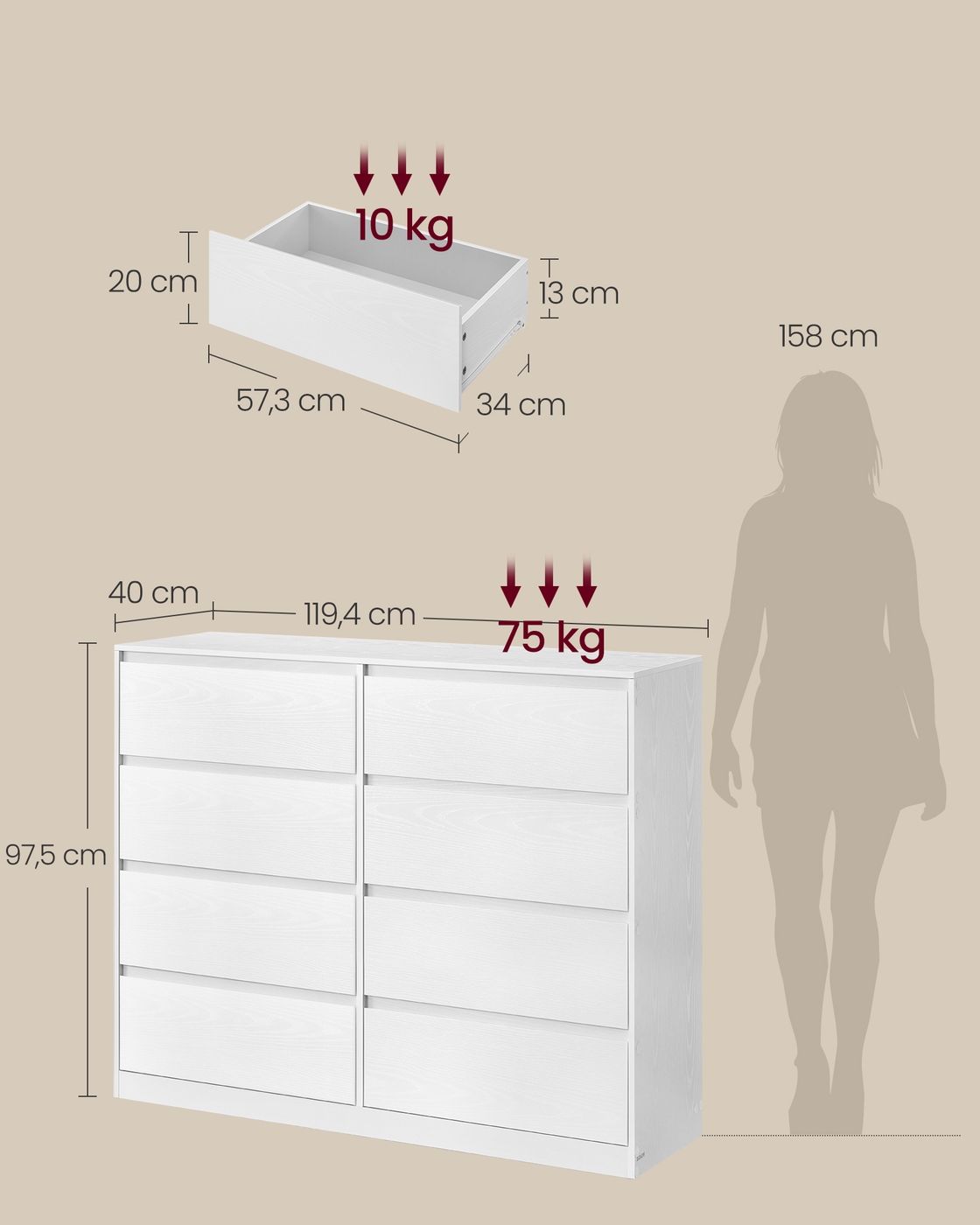 VASAGLE 6-Drawer Chest of Drawers, Dresser, Linen Chest, for Bedroom, 40 x 119.4 x 75 cm, Modern Kailyn Collection, Ebony Black - Image 5