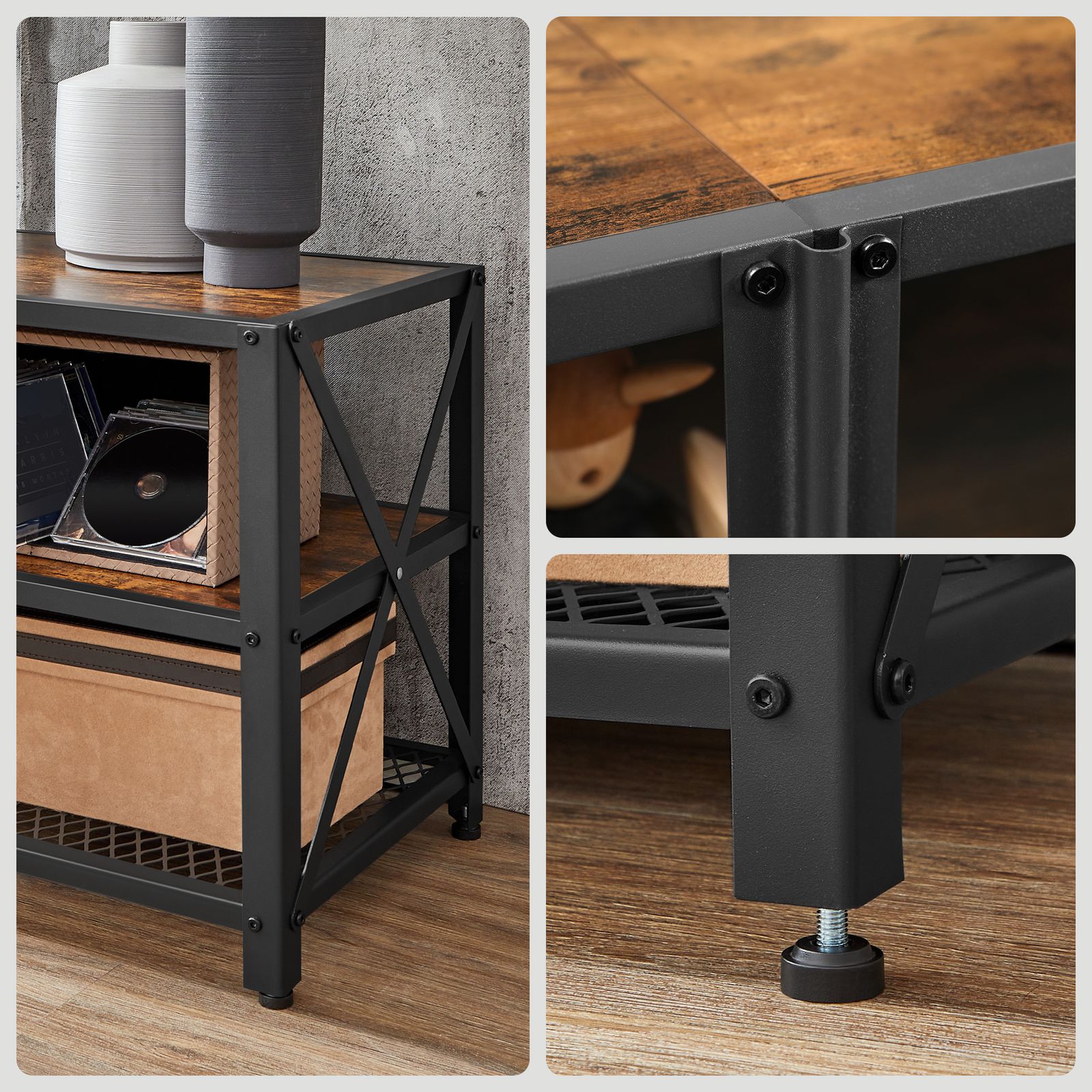 VASAGLE TV Cabinet, TV Stand, Lowboard for TVs up to 75 inches, TV Cabinet with Shelves, Steel Frame, TV Shelf for Living Room, Bedroom, Vintage Brown-Black - Image 2